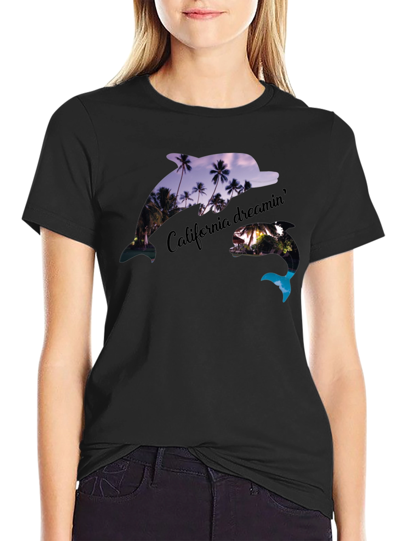 California Dreamin Dolphin Black Tee