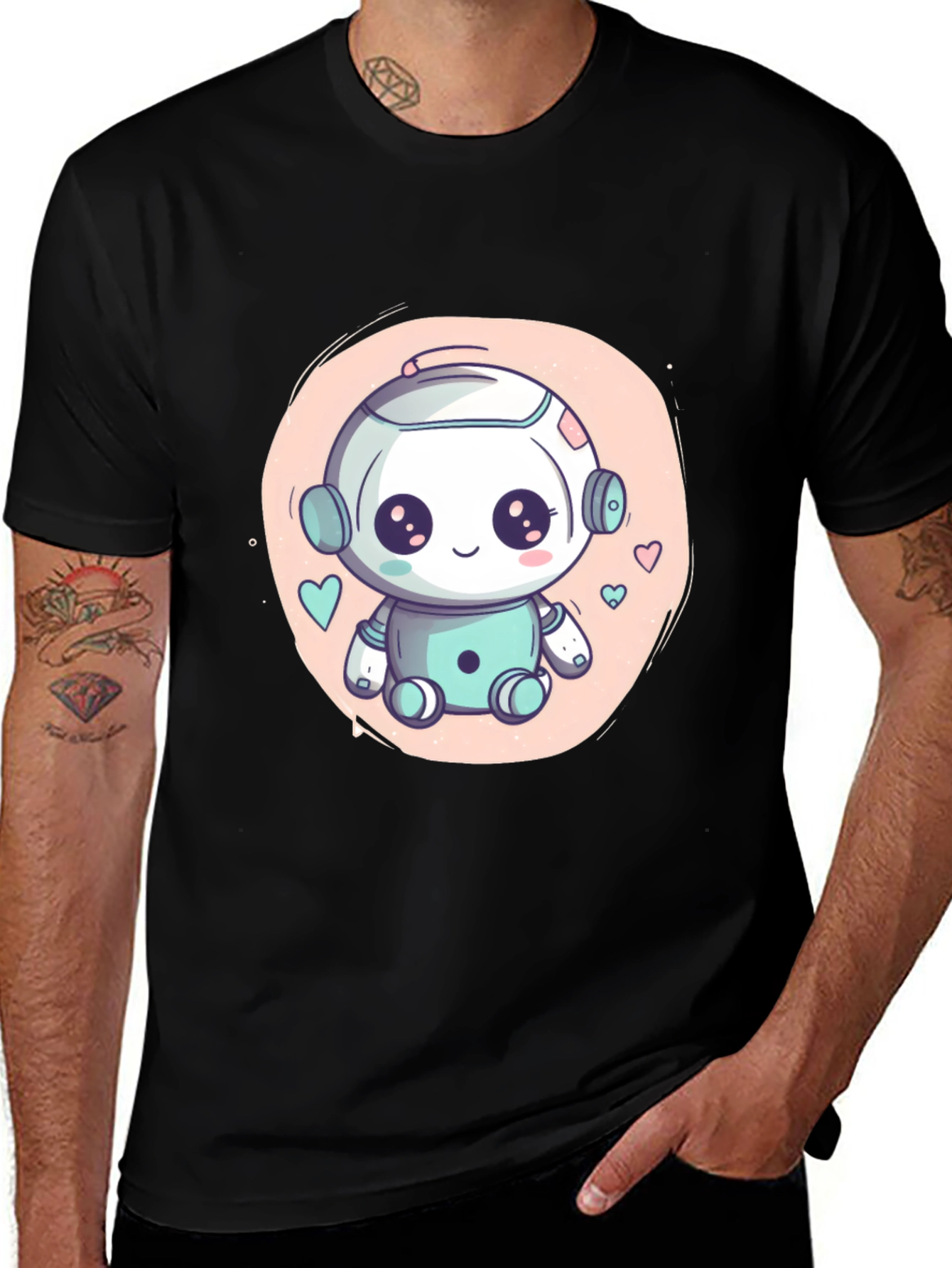 Cute Robot Graphic T-Shirt - Black