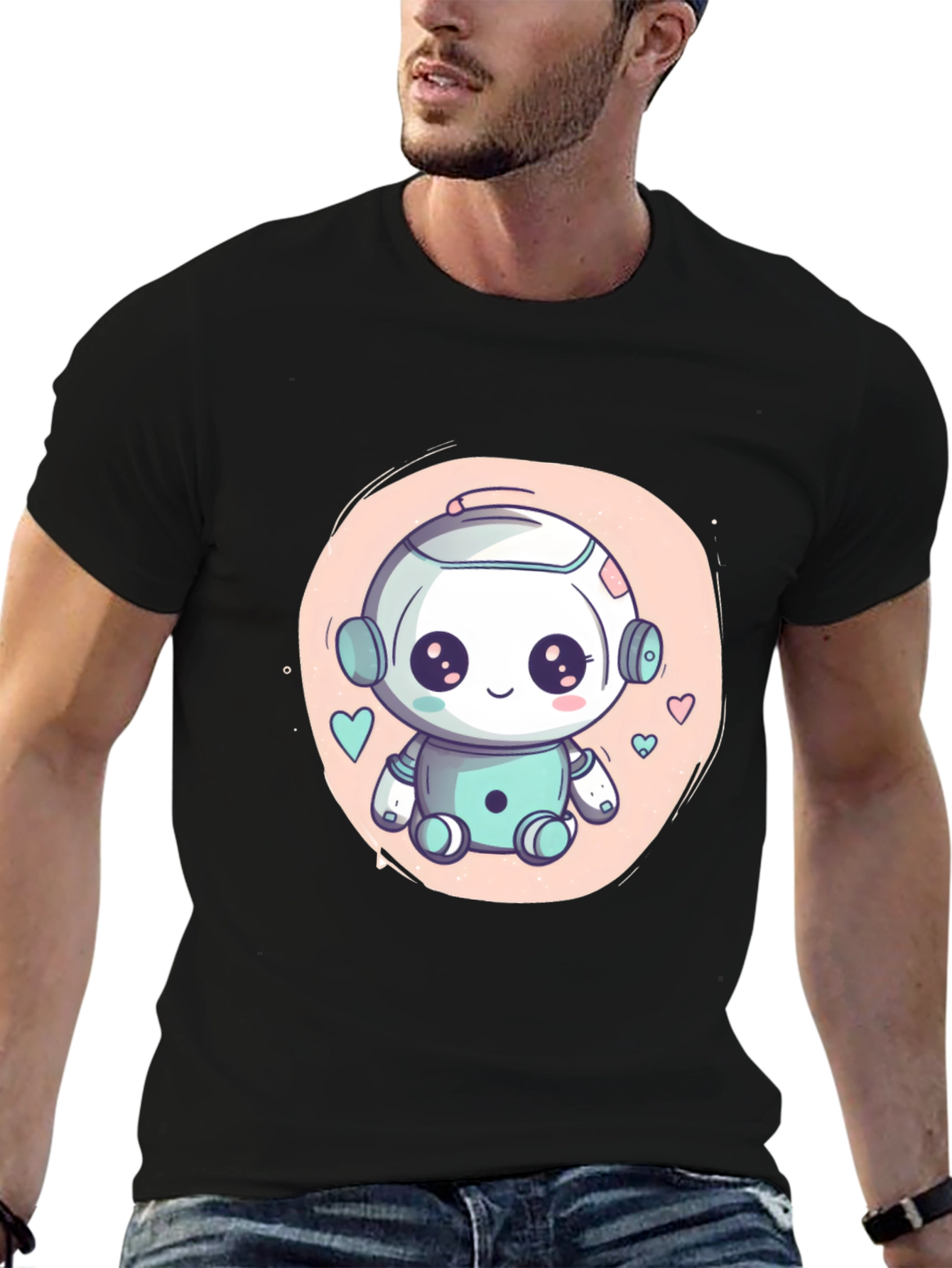 Cute Robot Graphic T-Shirt - Black