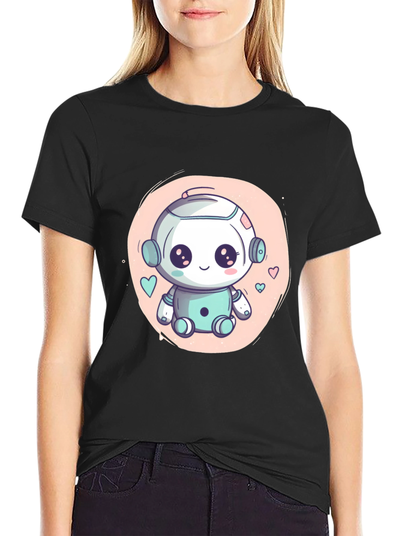 Cute Robot Graphic T-Shirt - Black