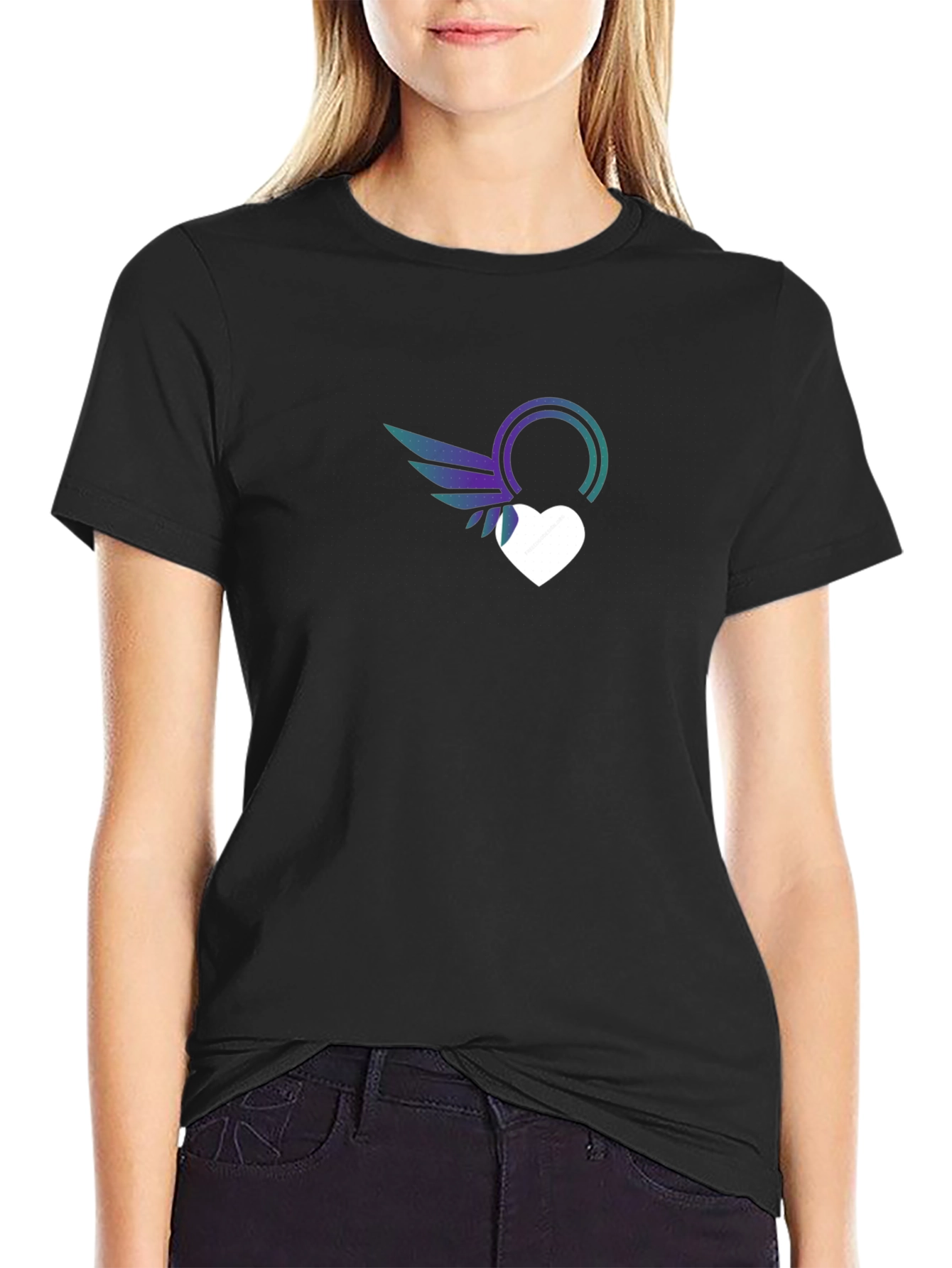 Stylish Black T-Shirt with Heart & Wings Graphic Print