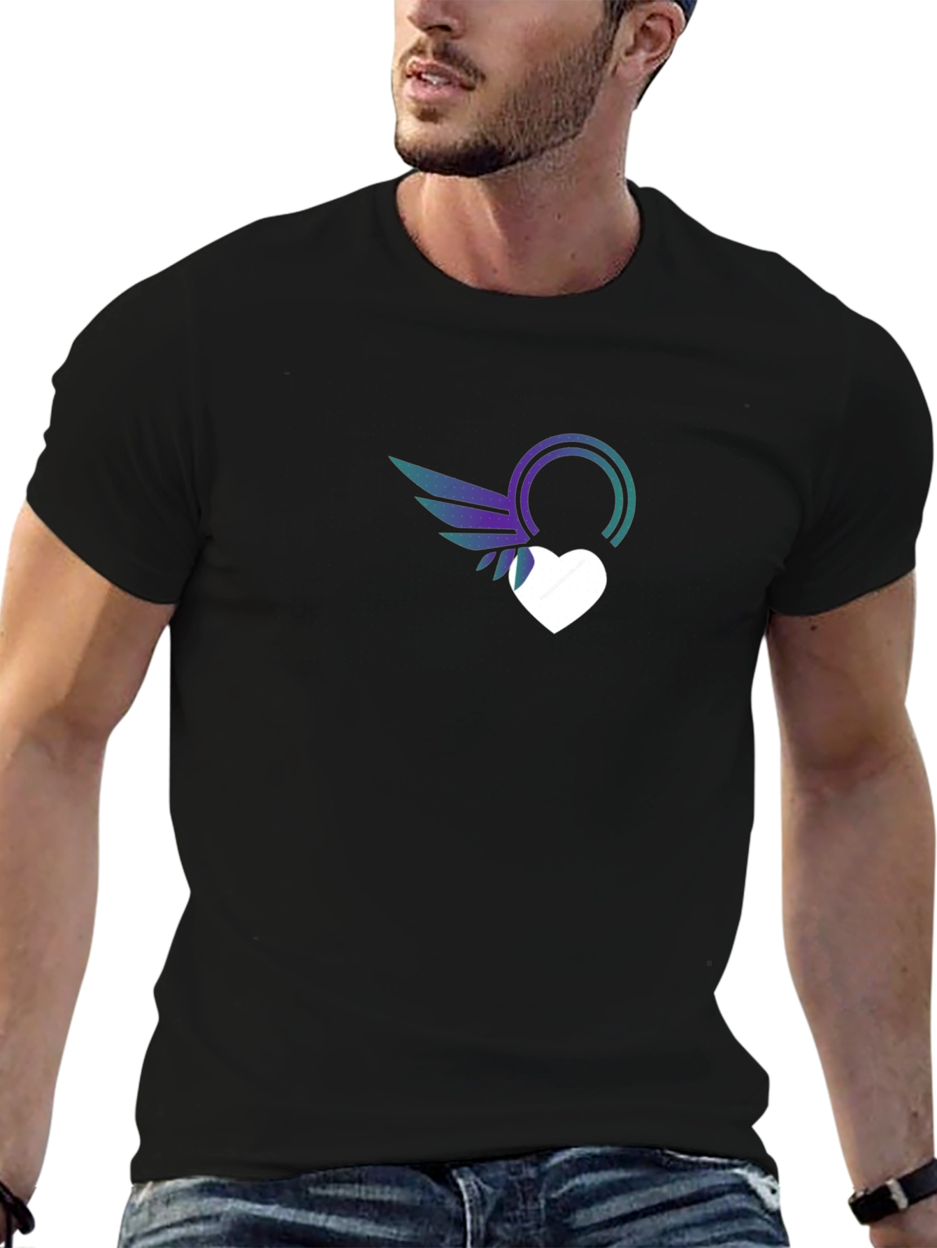 Stylish Black T-Shirt with Heart & Wings Graphic Print