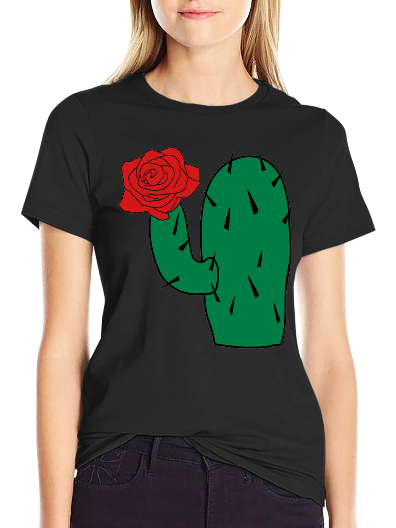 Cactus Rose Graphic Tee - Black Cotton T-Shirt