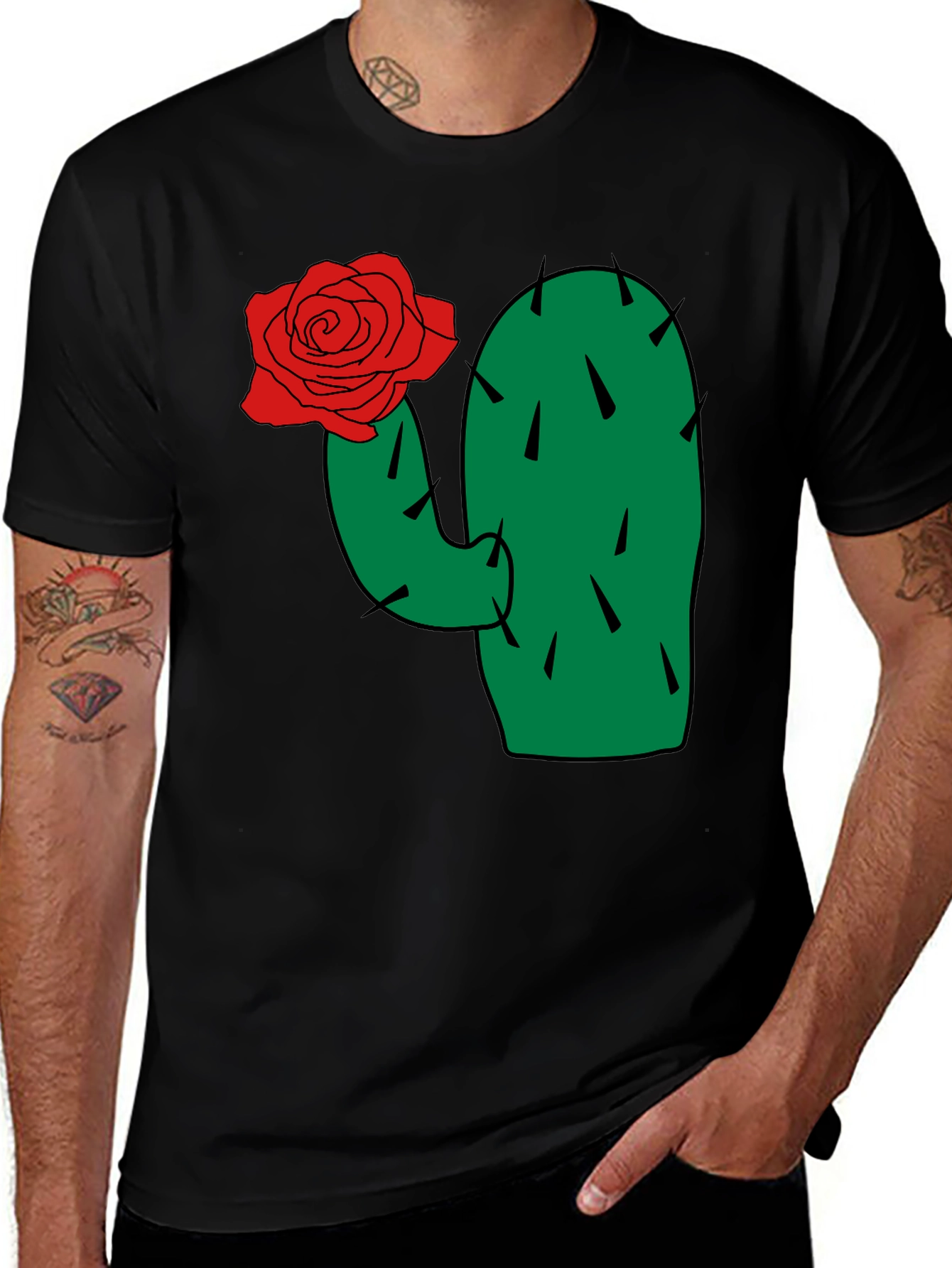 Cactus Rose Graphic Tee - Black Cotton T-Shirt