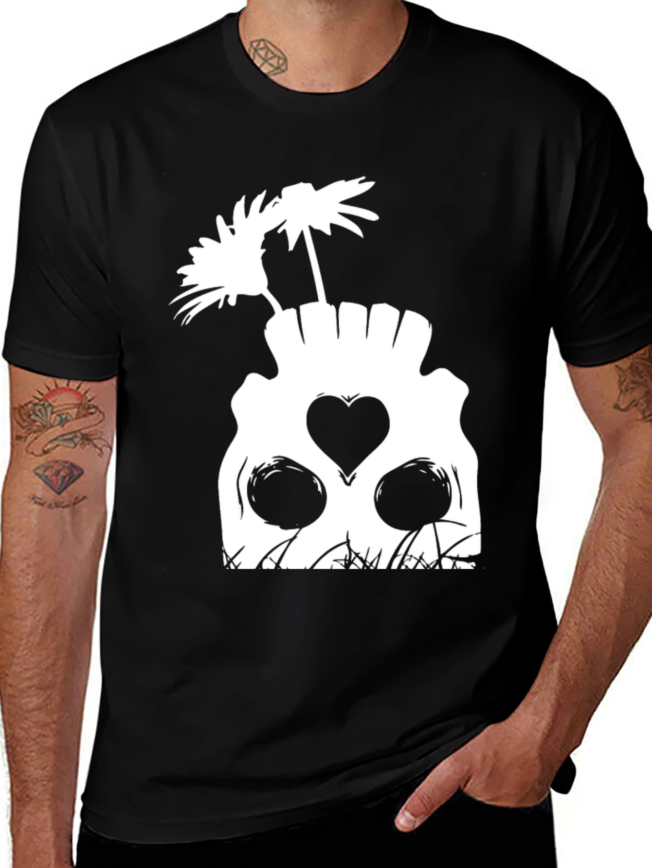 Skull & Flowers Graphic Tee - Unique Black T-Shirt