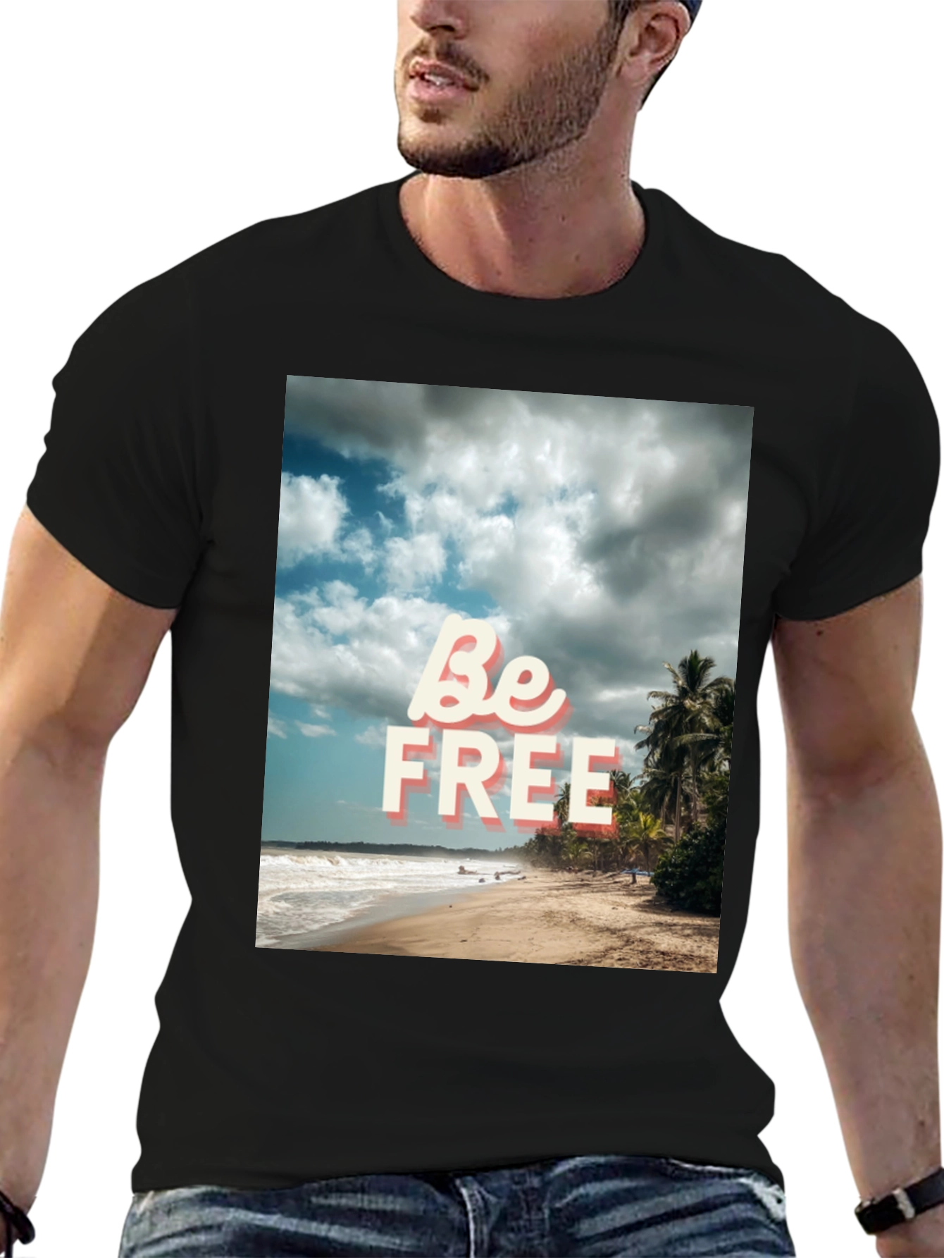 Be Free Beach Graphic Tee - Black Cotton T-Shirt
