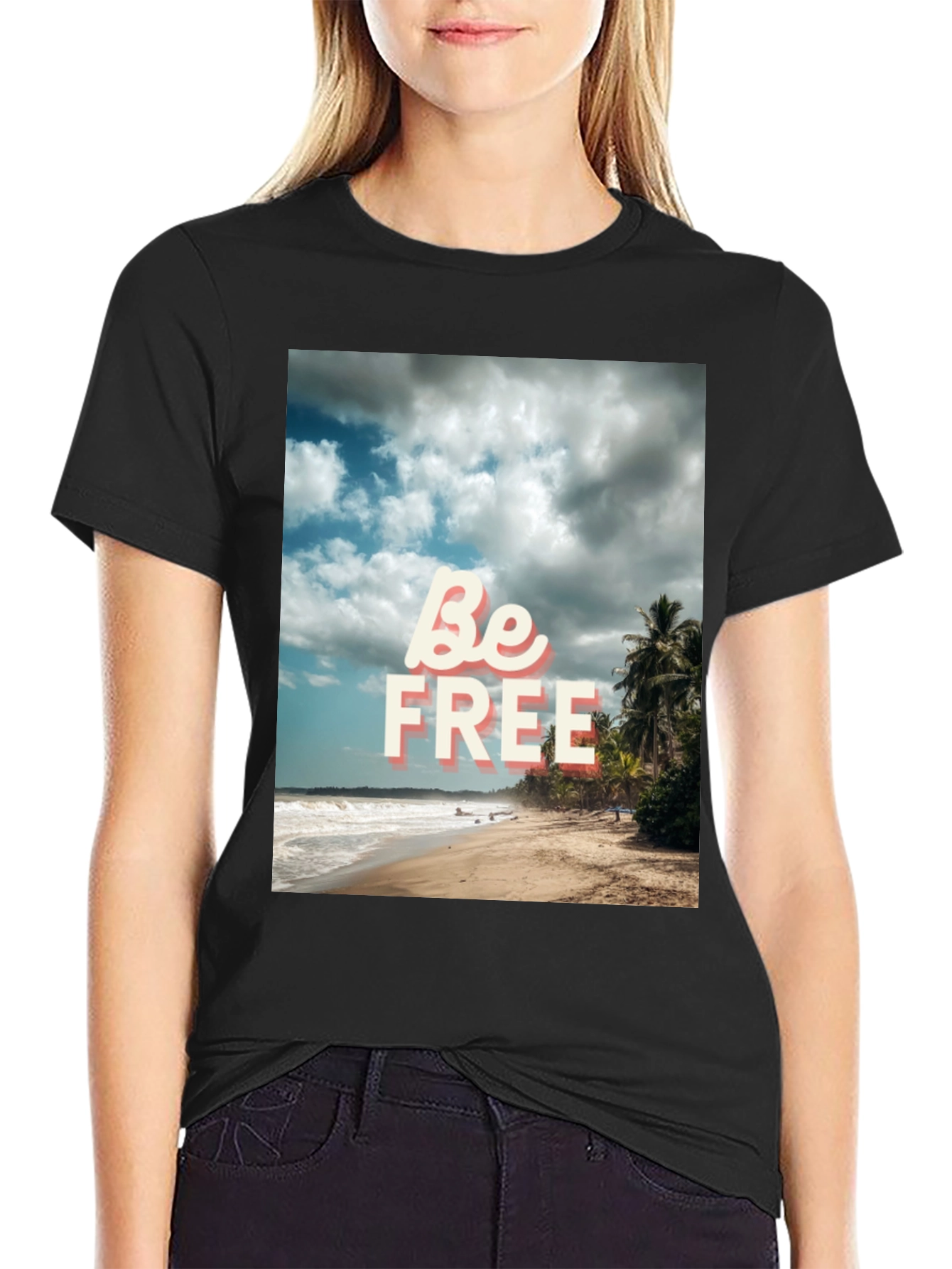 Be Free Beach Graphic Tee - Black Cotton T-Shirt