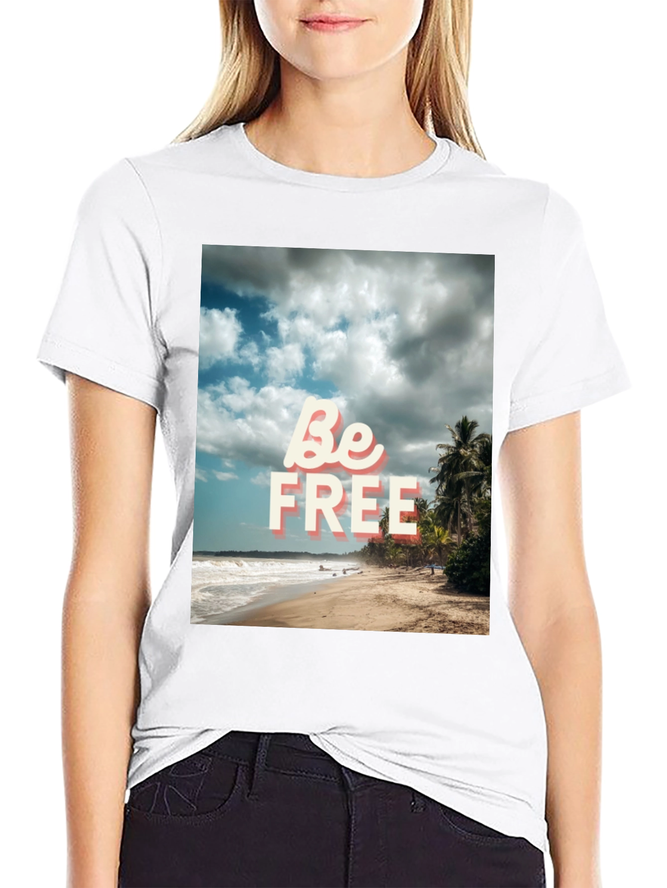 Be Free Beach Graphic Tee - Black Cotton T-Shirt