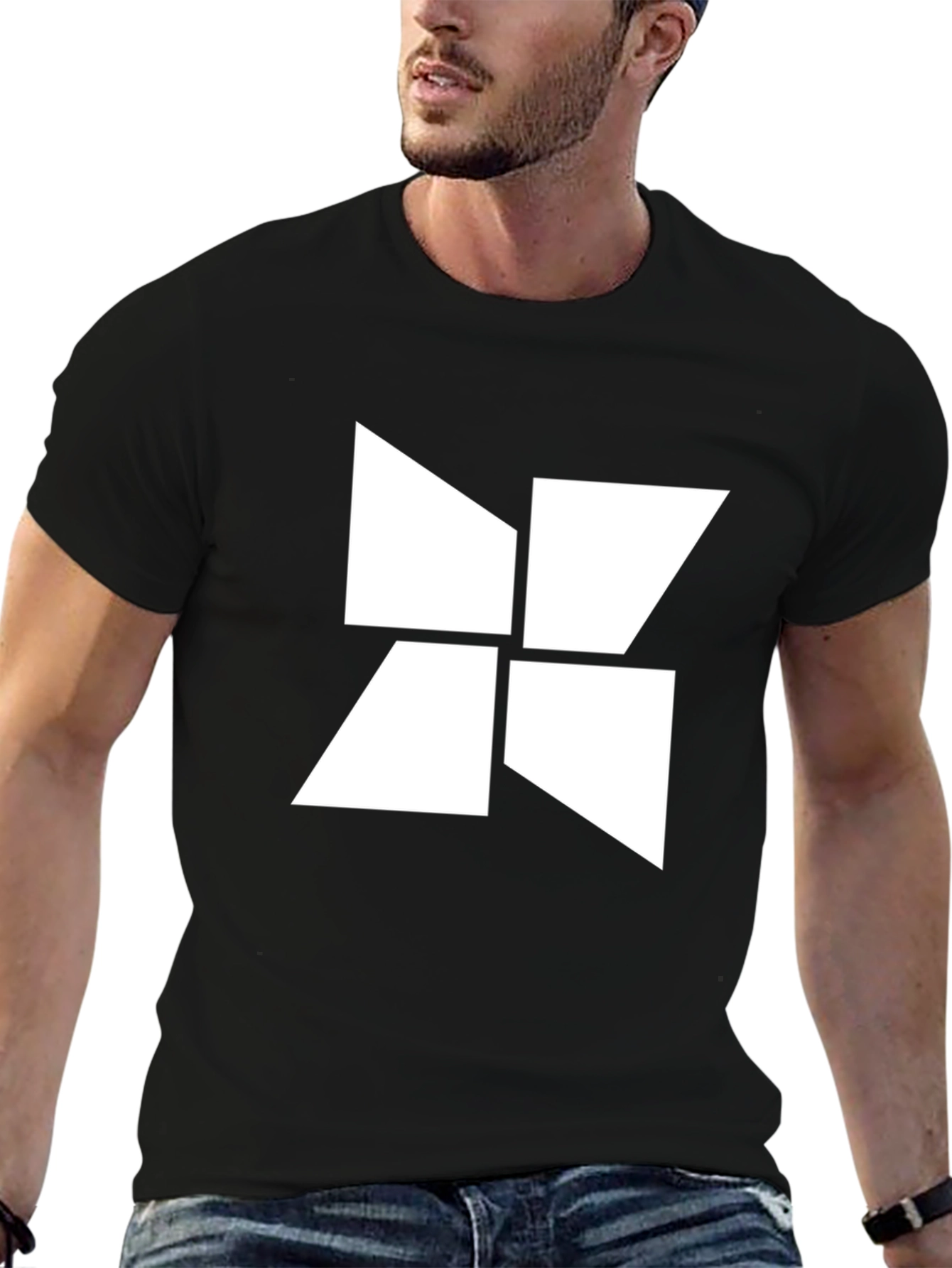 Abstract Geometric White Design Black T-Shirt