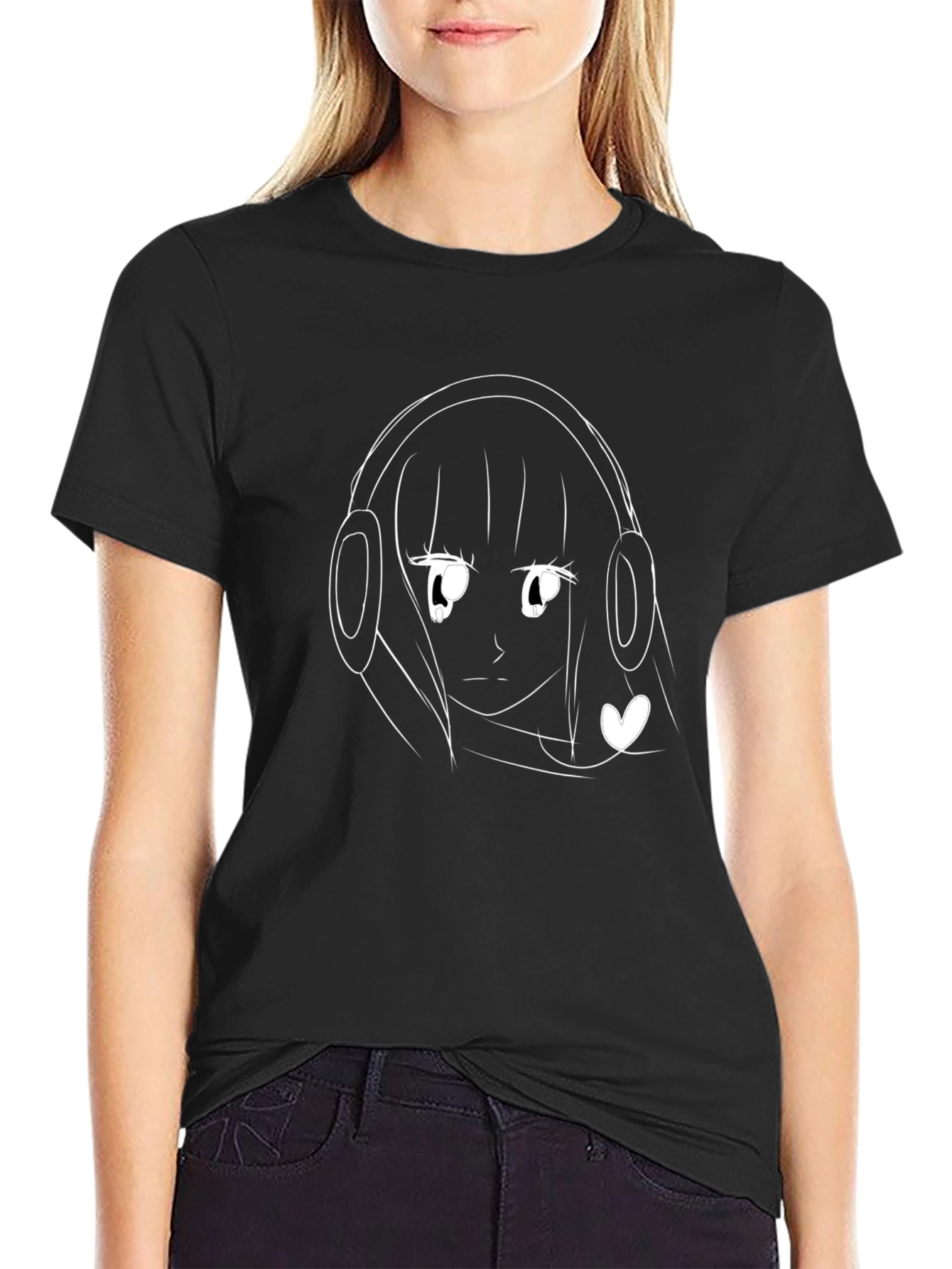 Anime Girl Headphones Black Graphic Tee