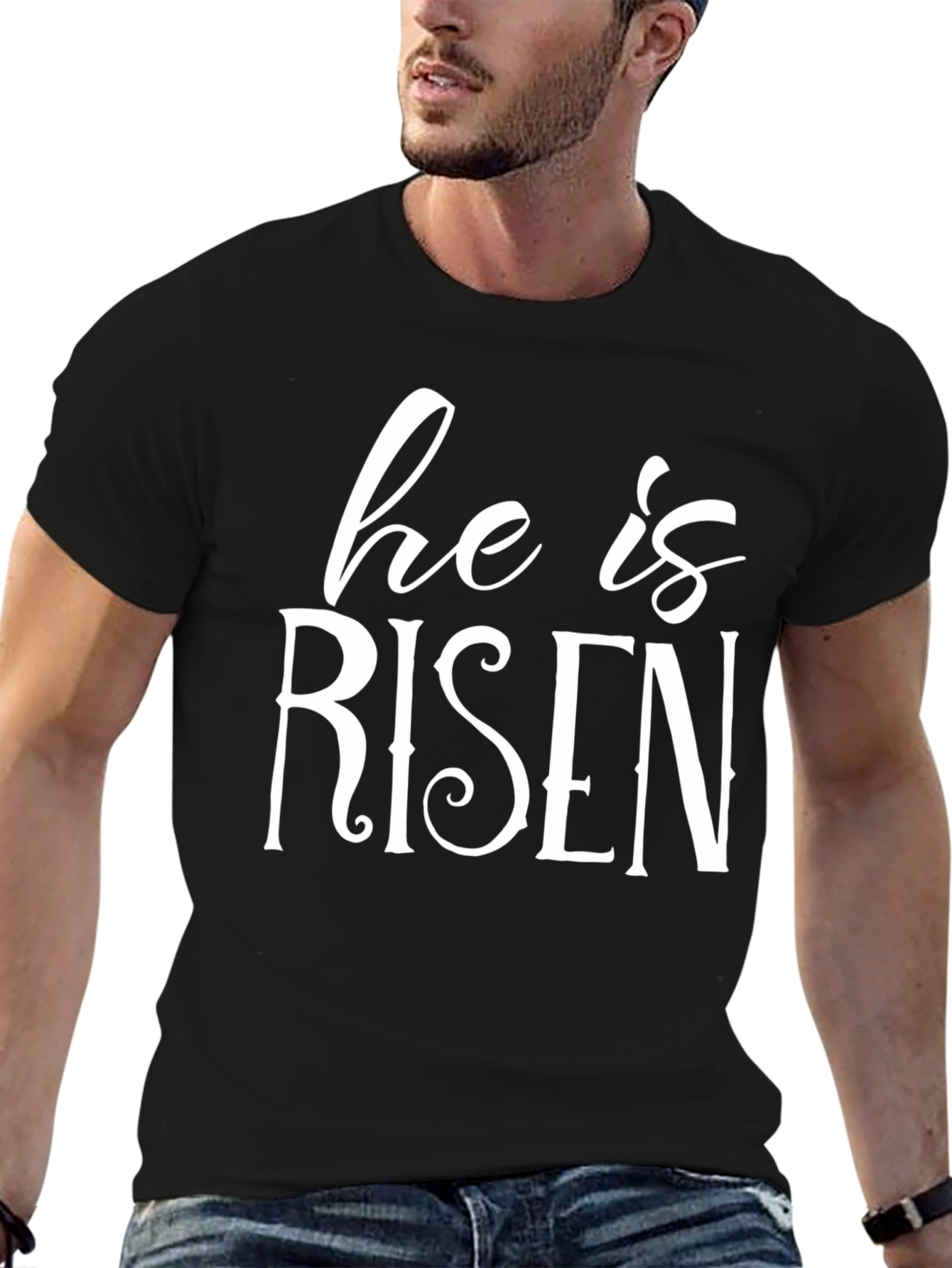 He is Risen Black T-Shirt Easter Holiday Christian Apparel