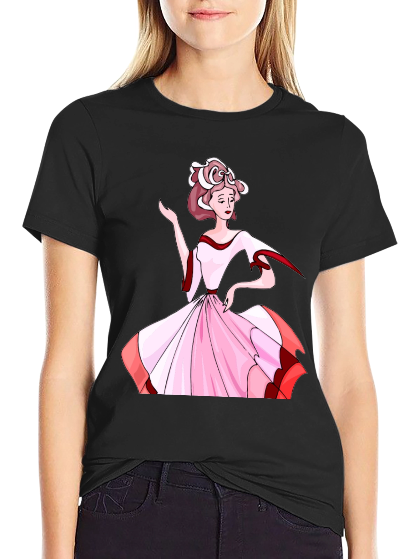 Elegant Woman Print Black T-Shirt