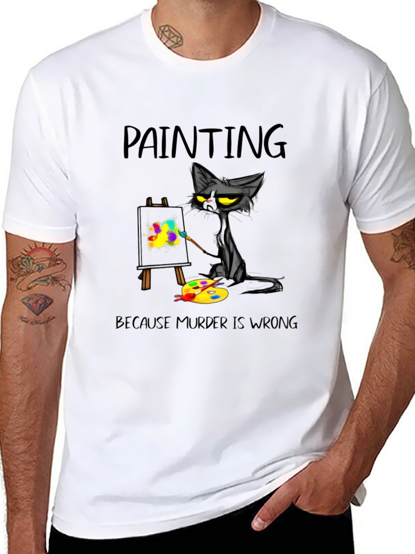 Painting Cat T-Shirt - Because Murder Is Wrong