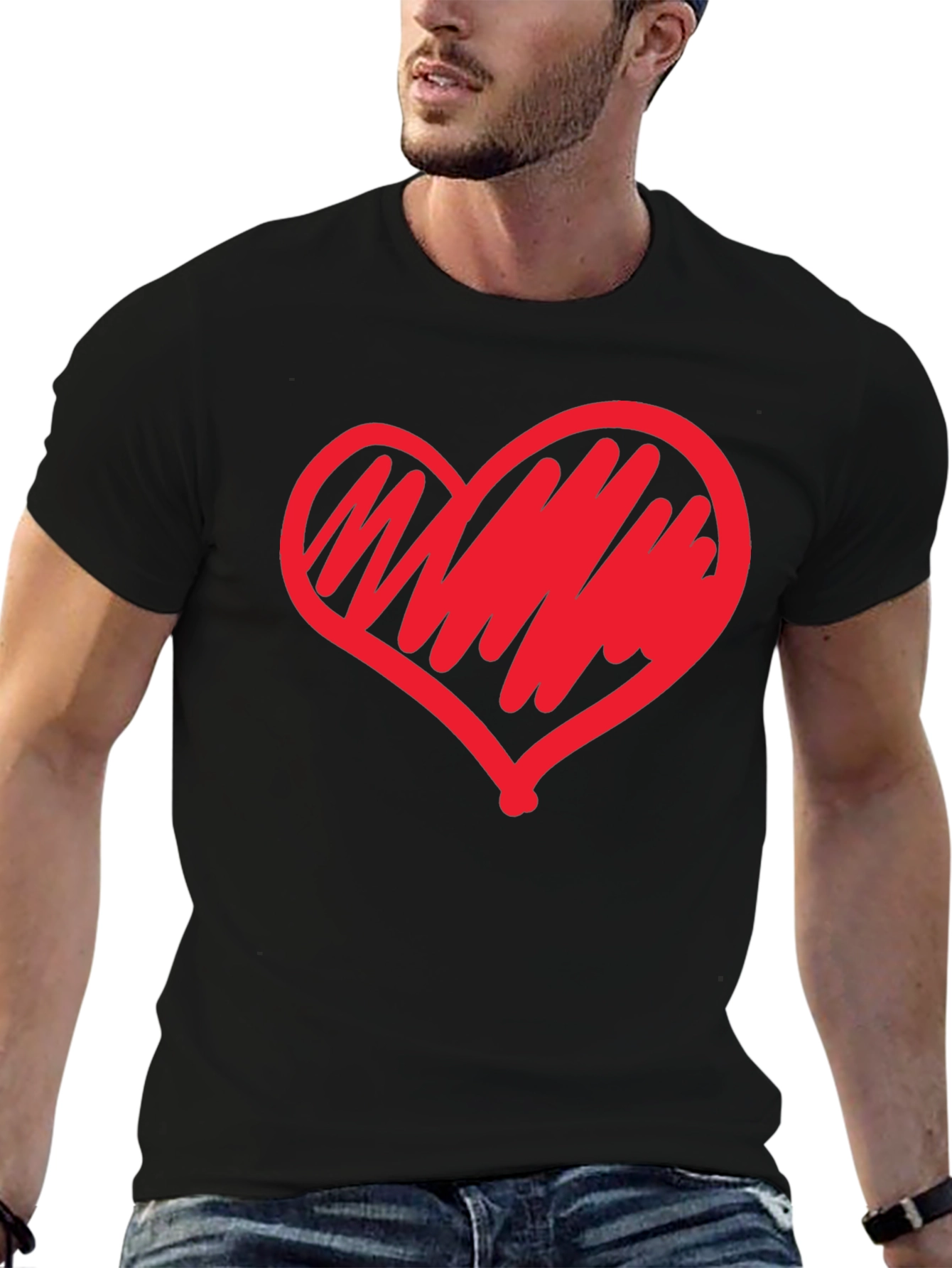 Heart Scribble Graphic Tee - Modern Casual Black T-Shirt