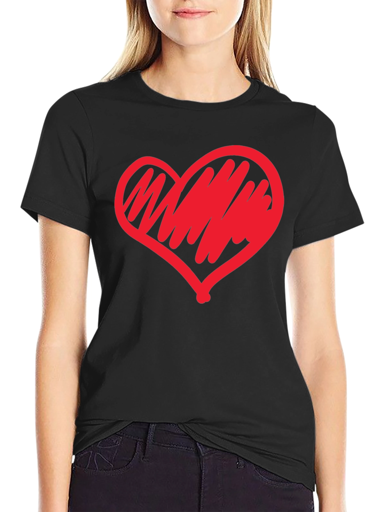 Heart Scribble Graphic Tee - Modern Casual Black T-Shirt
