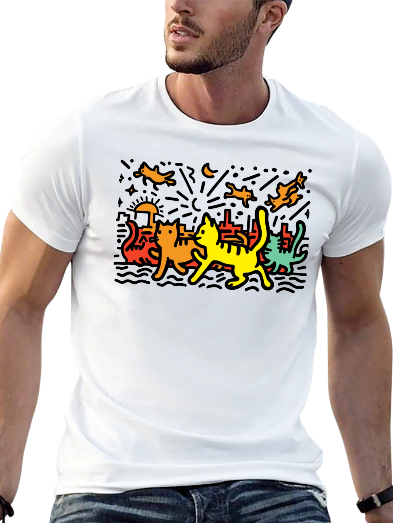 Keith Haring Inspired Cat Graphic T-Shirt