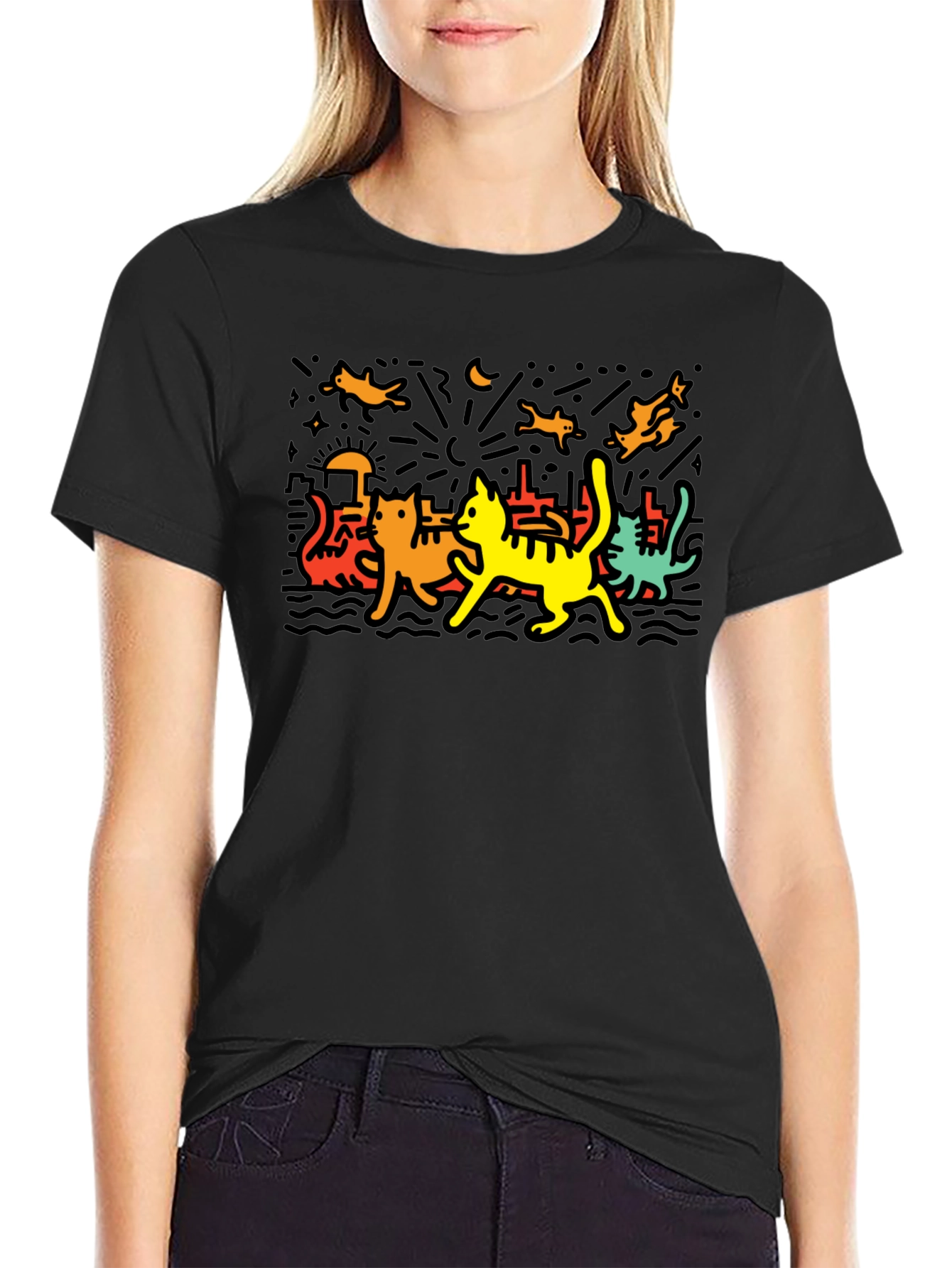 Keith Haring Inspired Cat Graphic T-Shirt