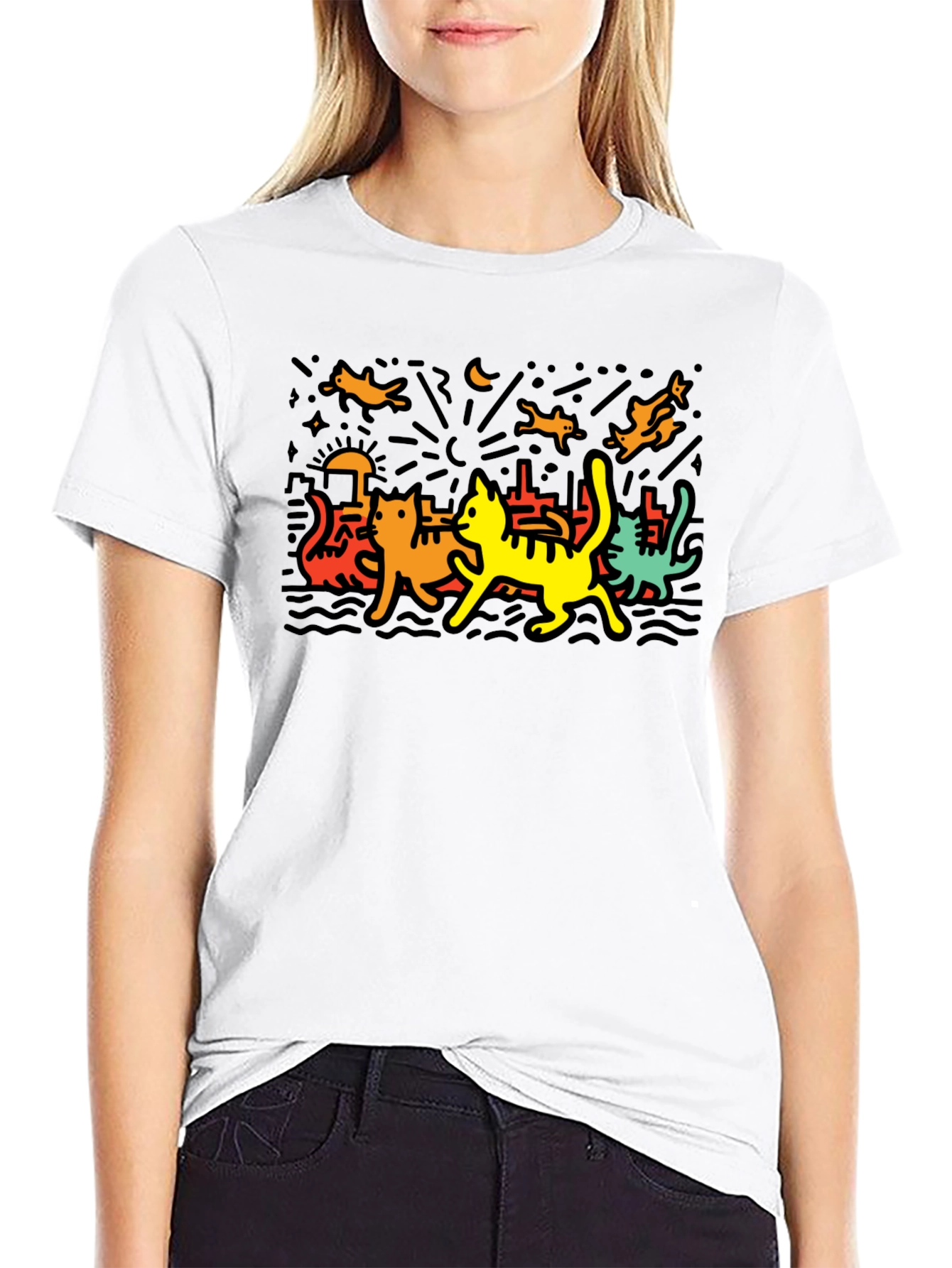 Keith Haring Inspired Cat Graphic T-Shirt