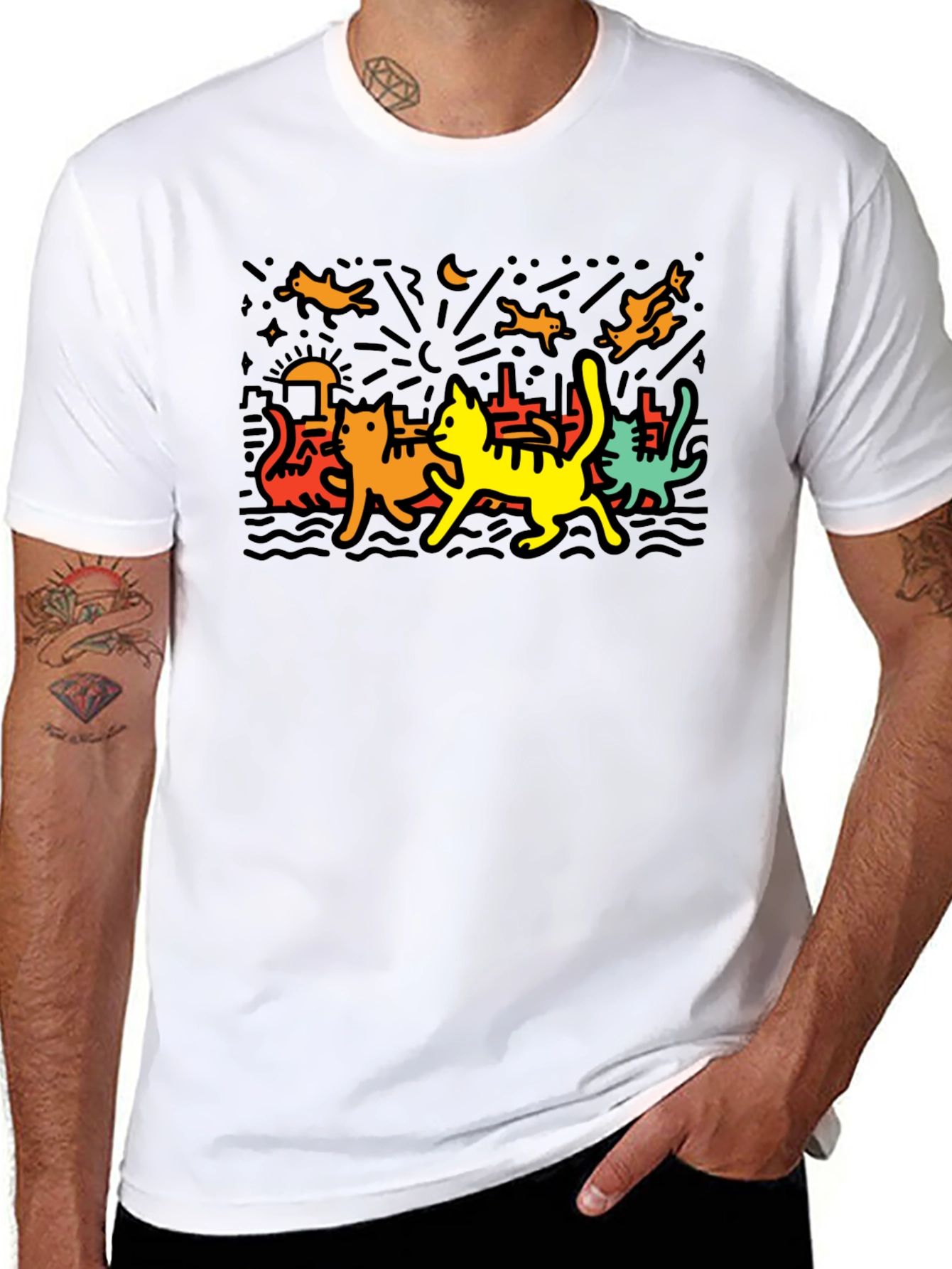 Keith Haring Inspired Cat Graphic T-Shirt