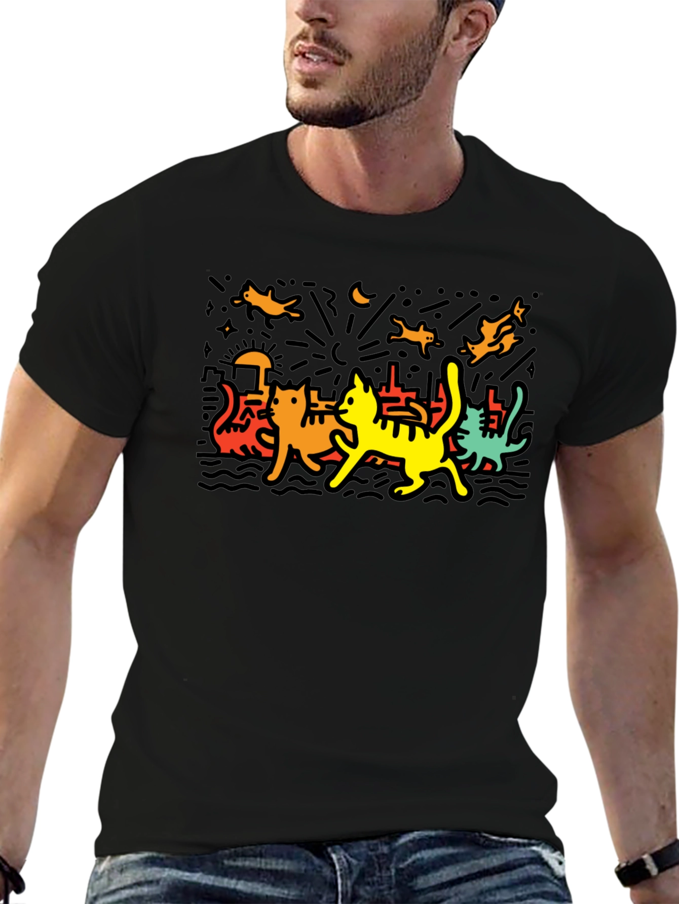 Keith Haring Inspired Cat Graphic T-Shirt