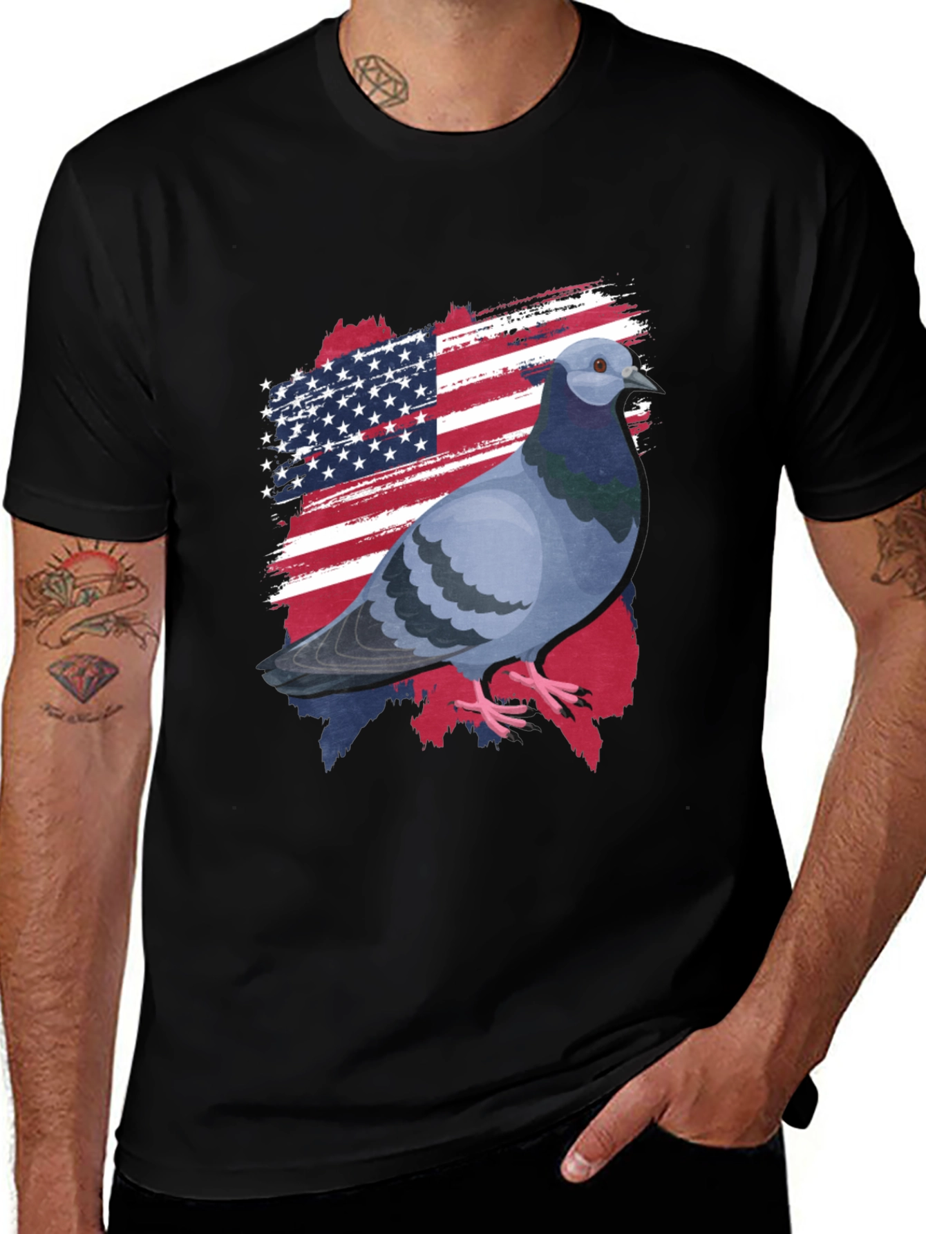 Patriotic Pigeon Graphic Tee - American Flag Bird T-Shirt