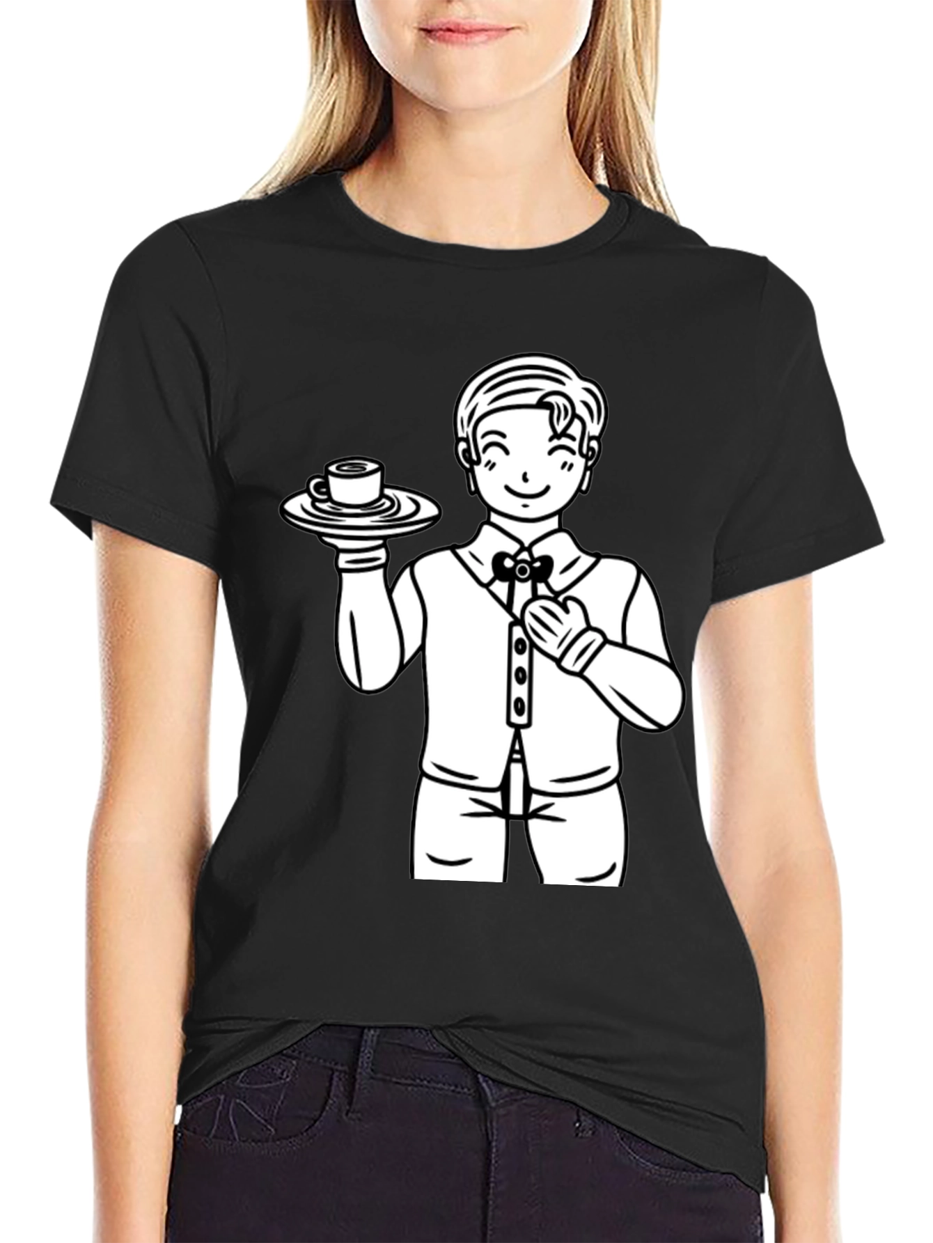 Cartoon Waiter Graphic Tee - Black