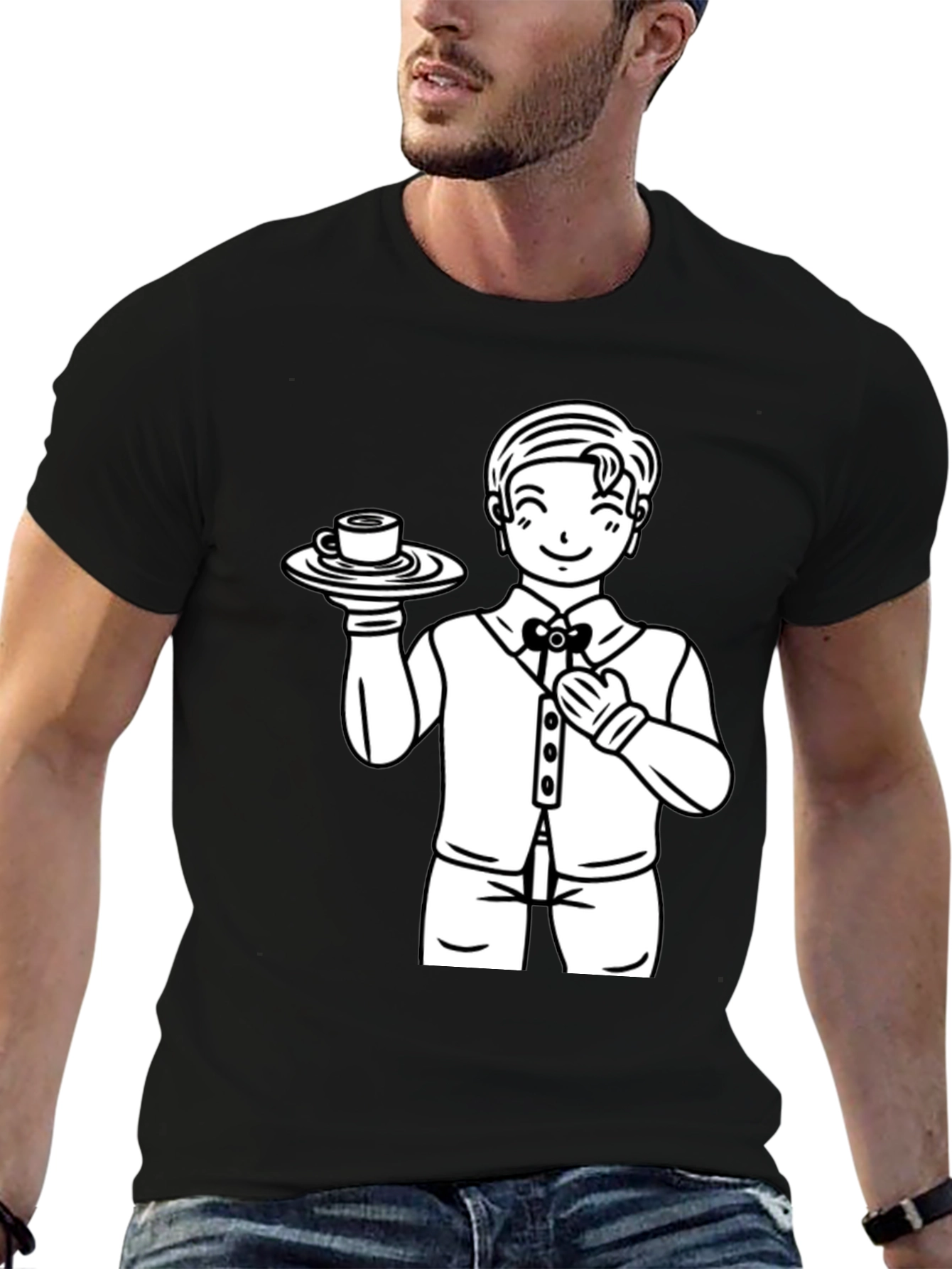 Cartoon Waiter Graphic Tee - Black