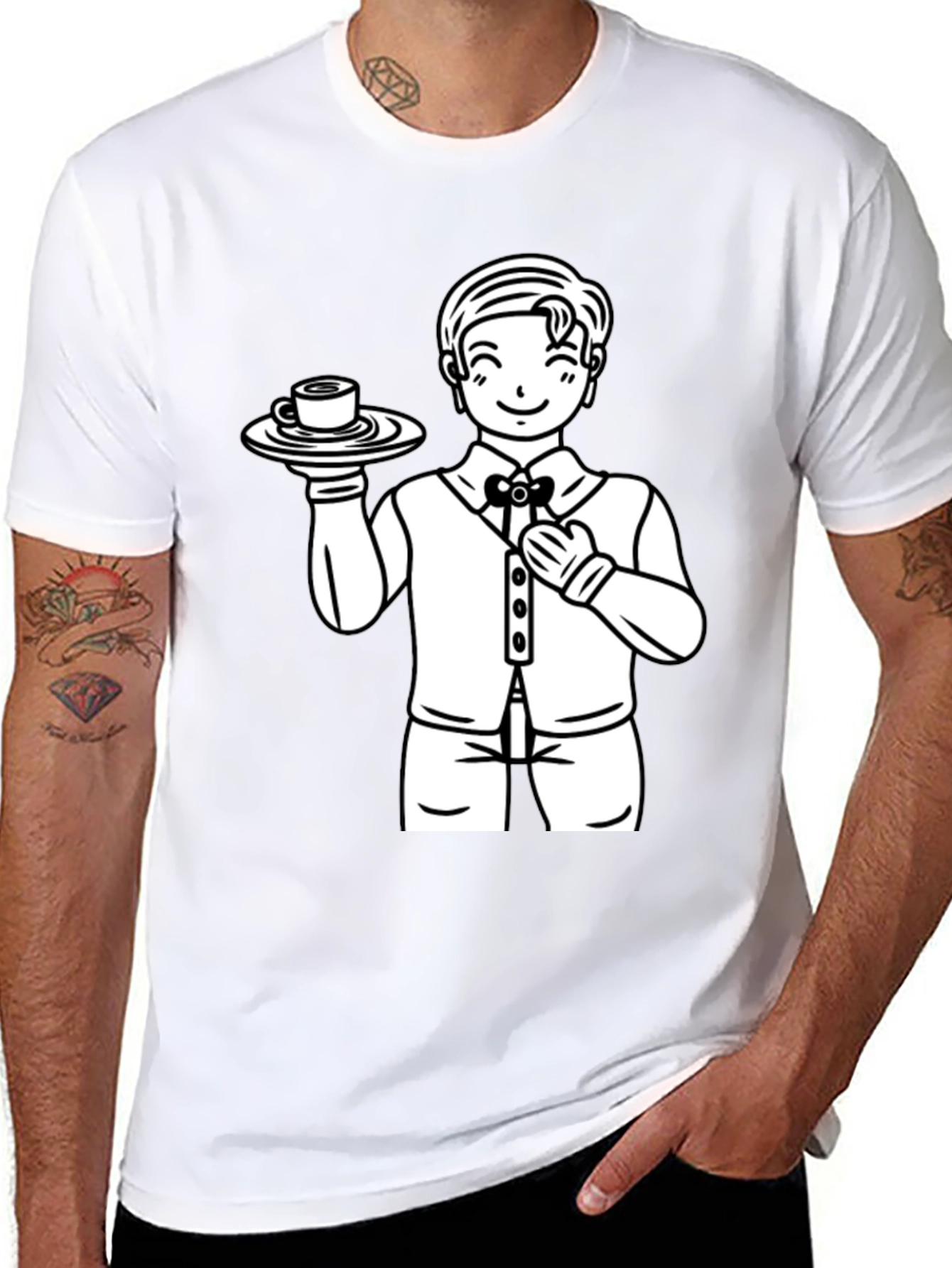 Cartoon Waiter Graphic Tee - Black