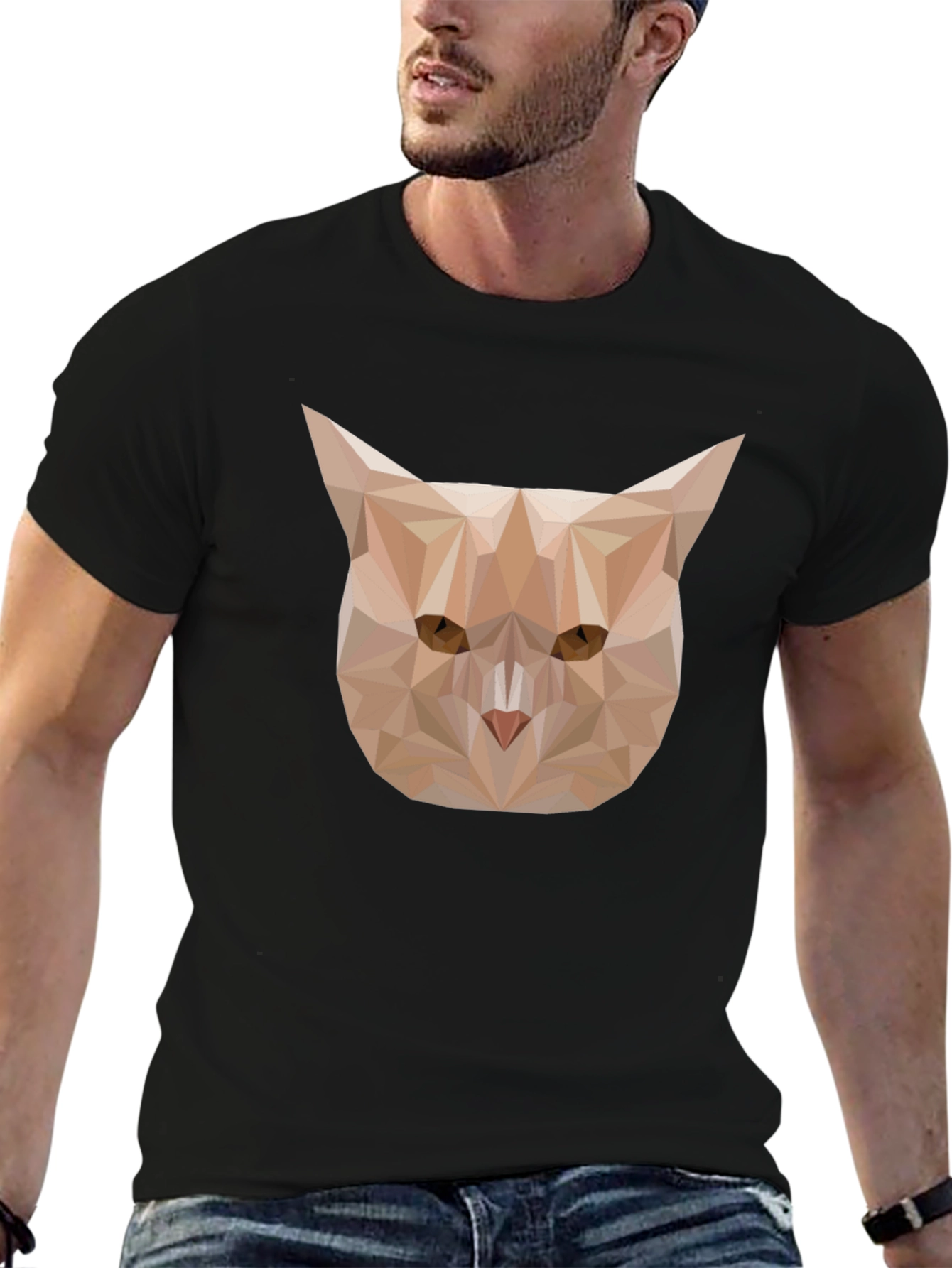 Geometric Cat Graphic Tee - Black