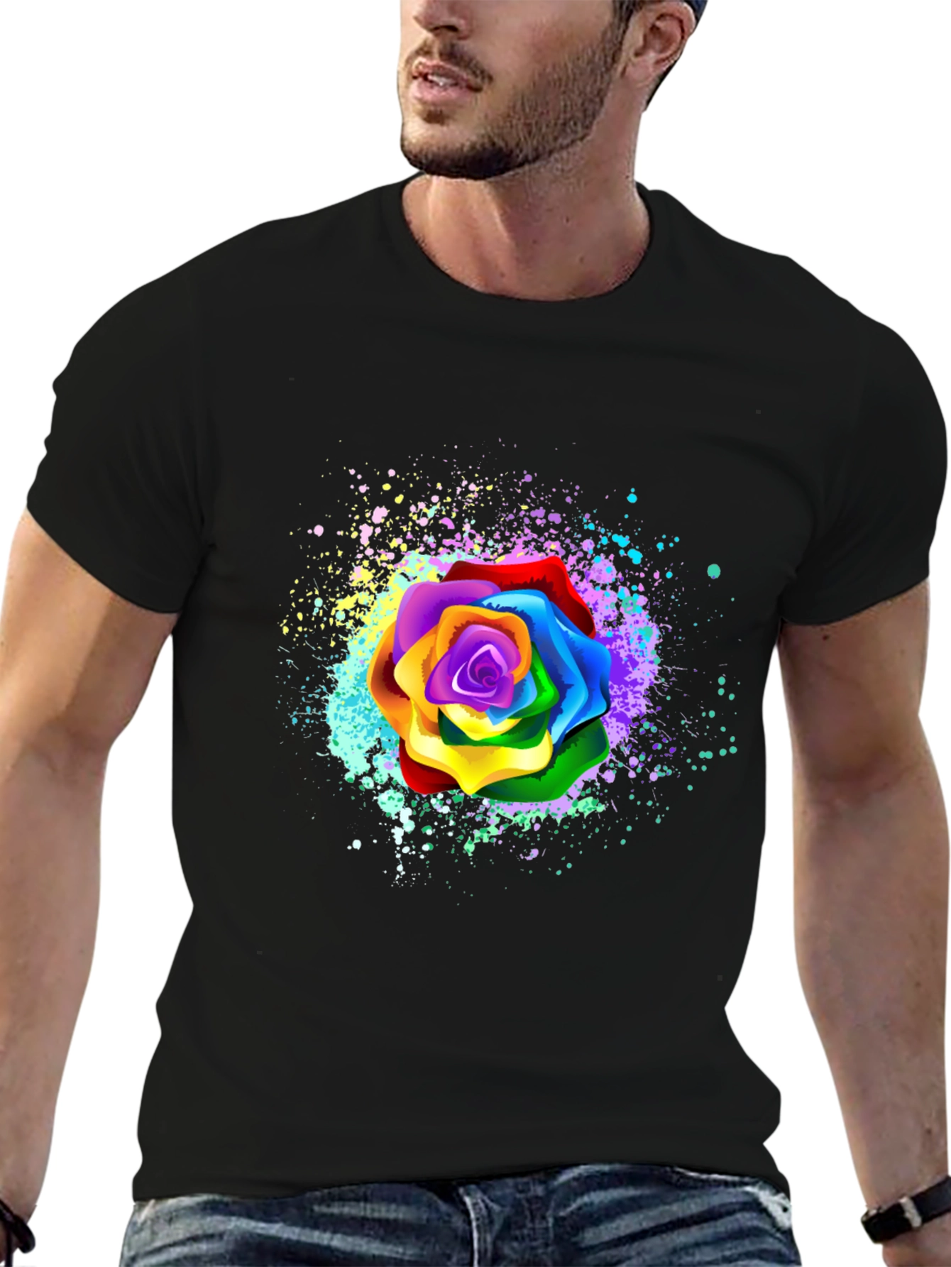 Rainbow Rose Splatter Graphic Tee - Unique Design