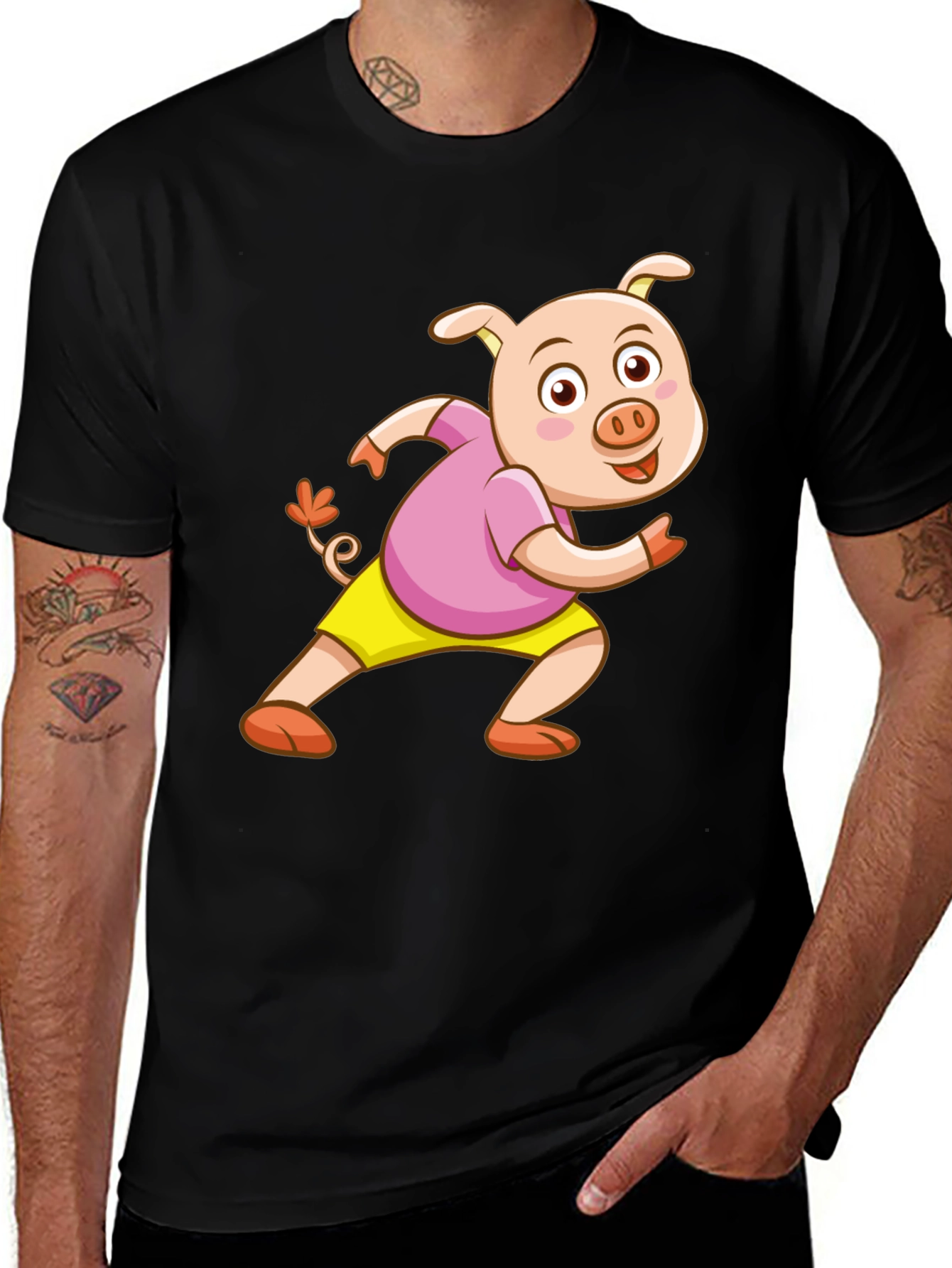 Pig Cartoon Graphic Black T-Shirt