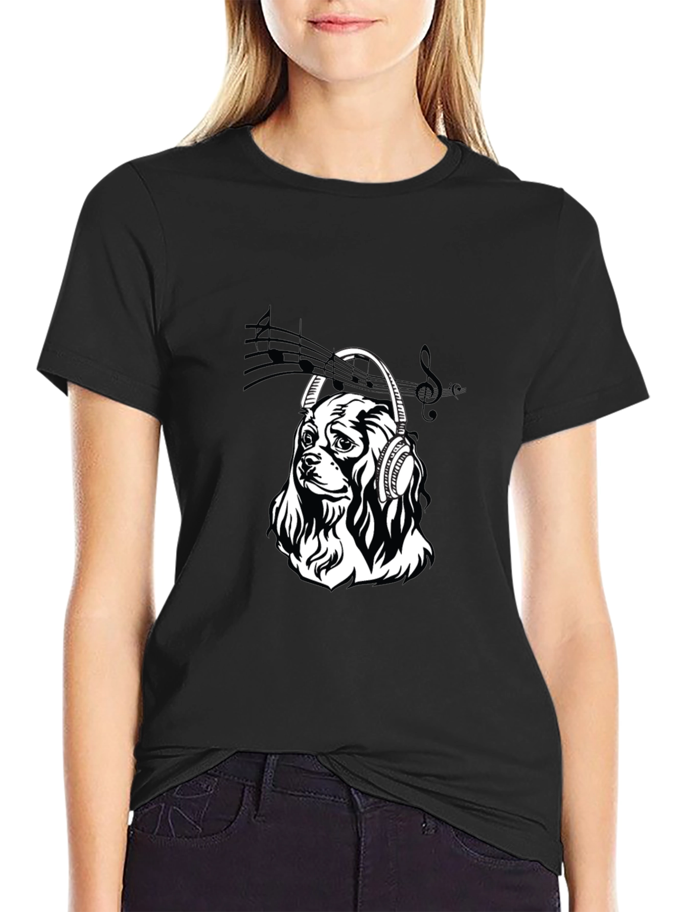 Dog with Headphones Black T-Shirt