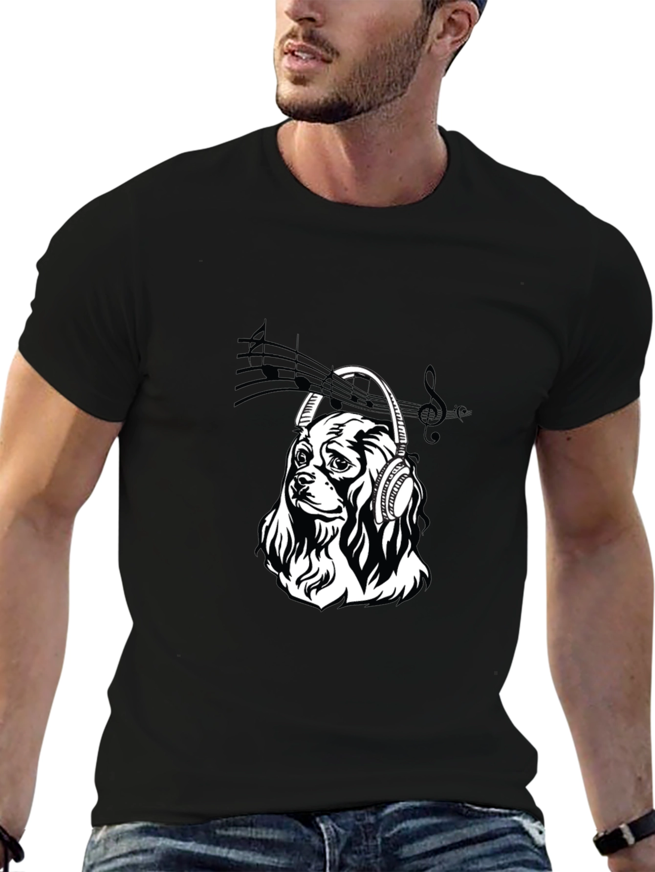 Dog with Headphones Black T-Shirt