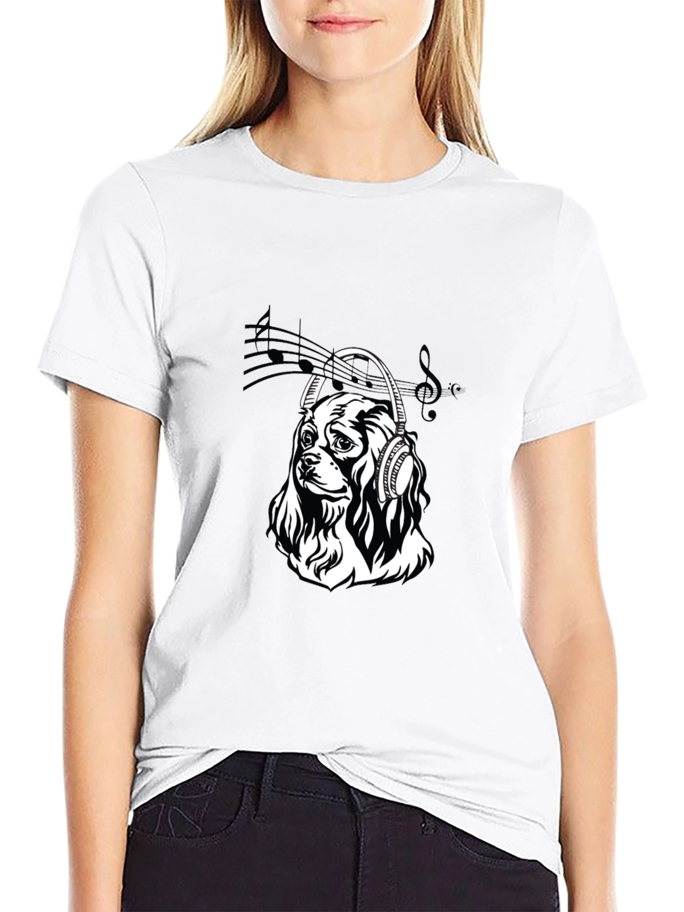 Dog with Headphones Black T-Shirt