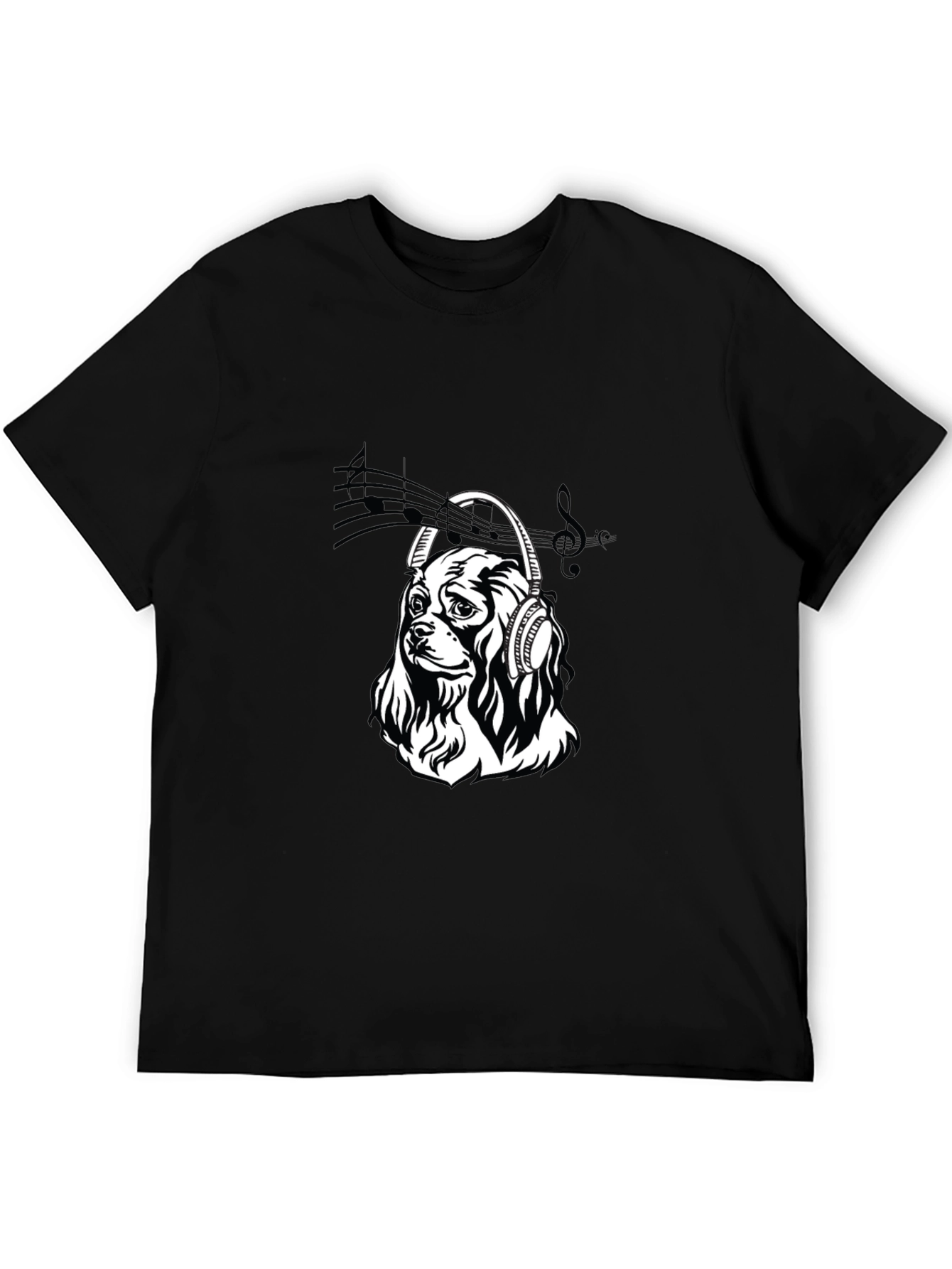 Dog with Headphones Black T-Shirt