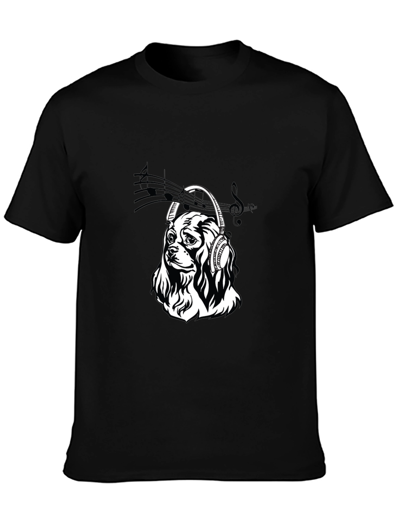 Dog with Headphones Black T-Shirt