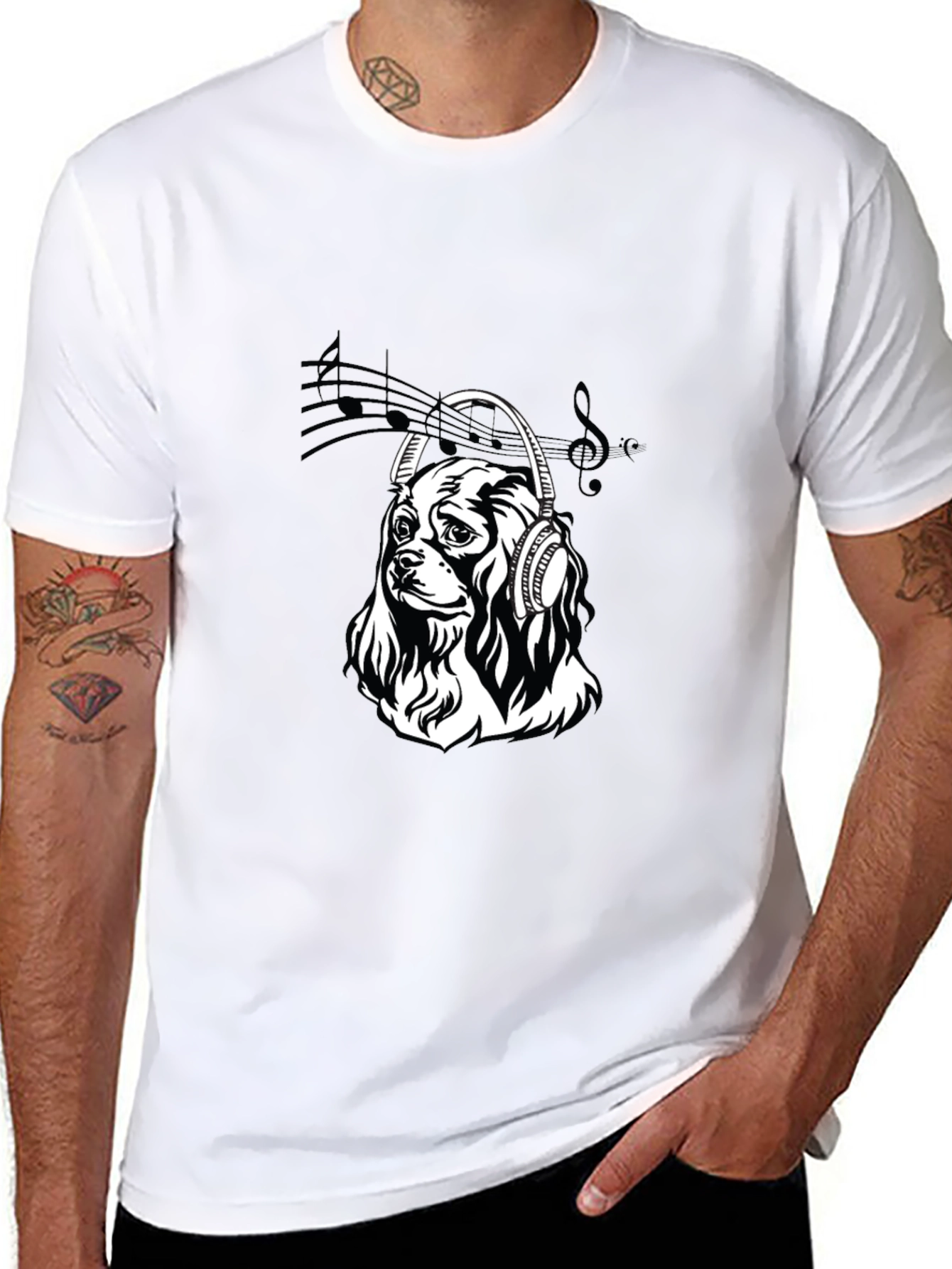 Dog with Headphones Black T-Shirt