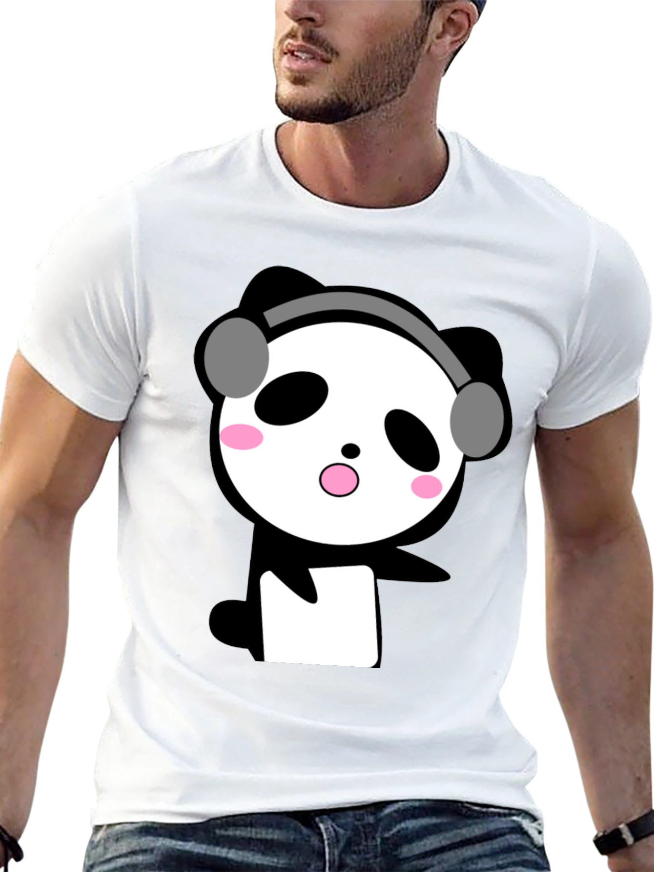 Cute Panda with Headphones Black T-Shirt