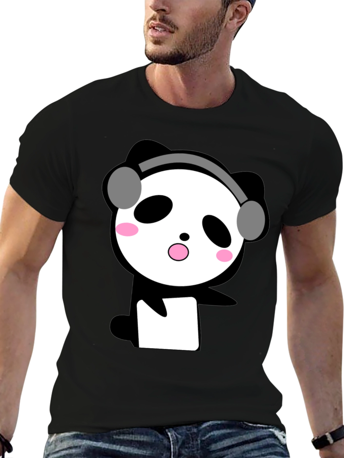 Cute Panda with Headphones Black T-Shirt