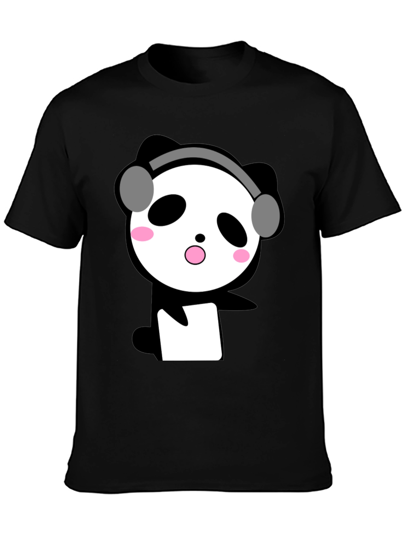 Cute Panda with Headphones Black T-Shirt