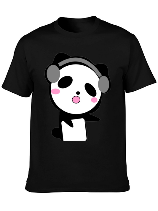 Cute Panda with Headphones Black T-Shirt