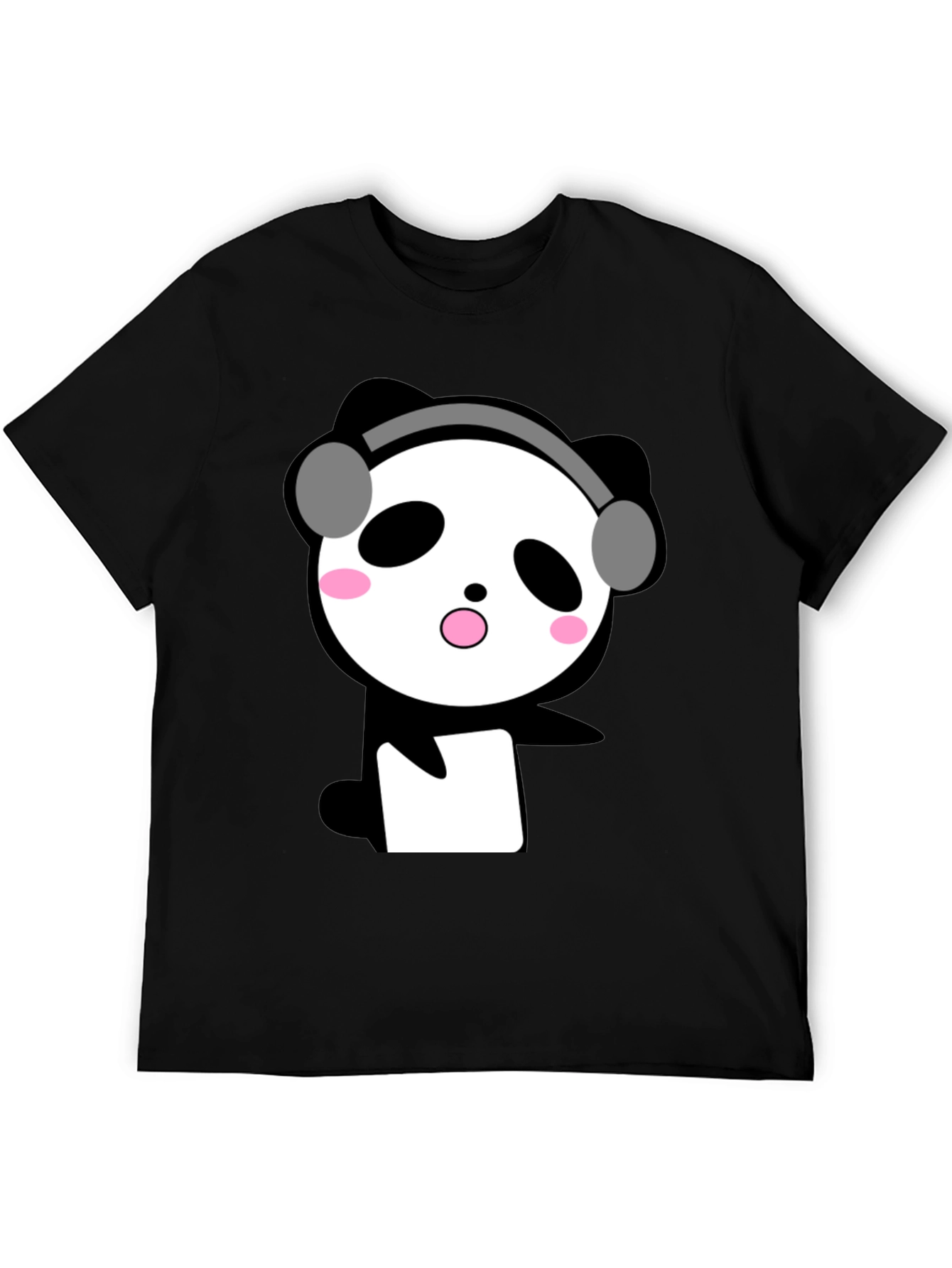 Cute Panda with Headphones Black T-Shirt