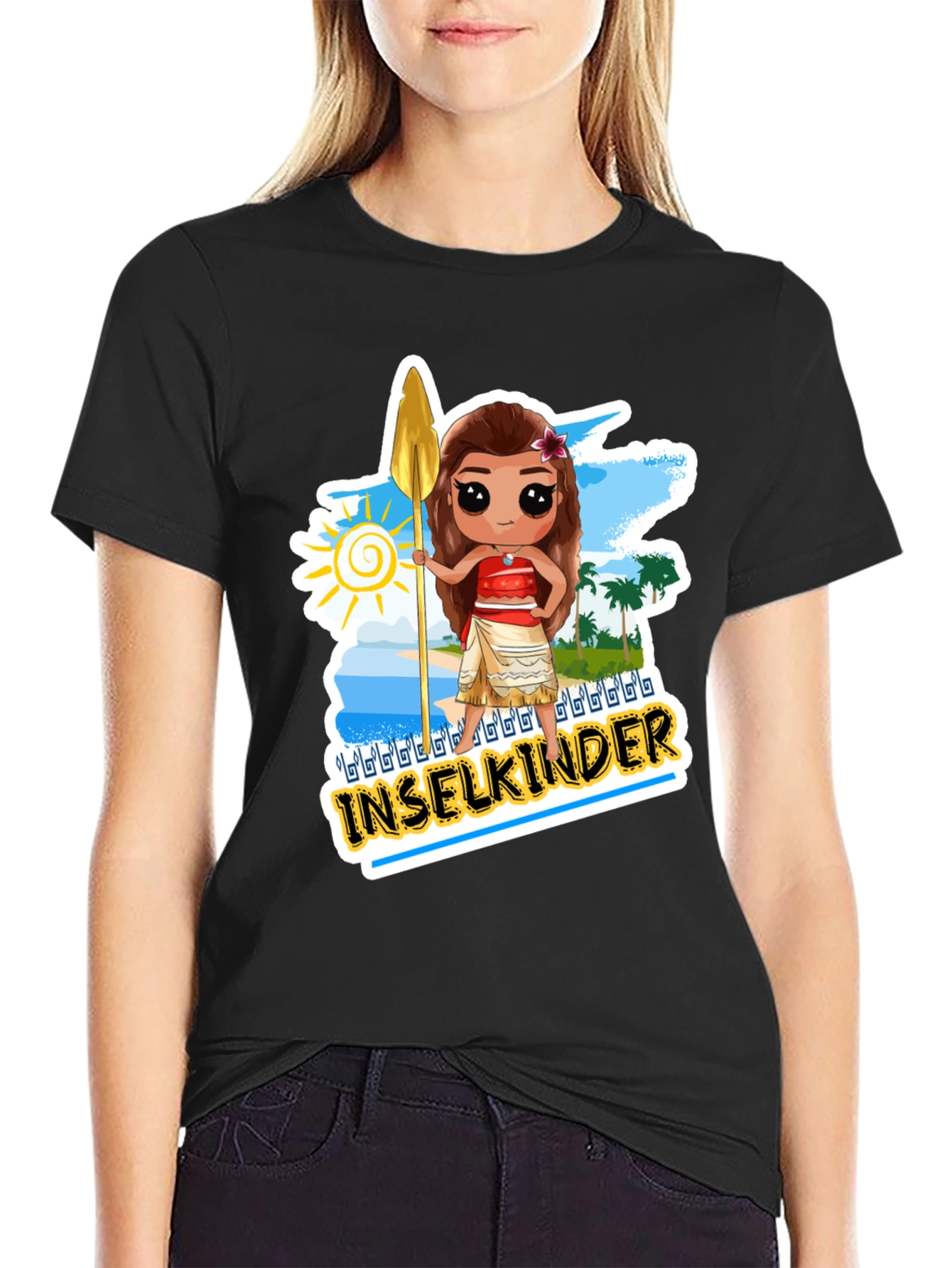 Island Moana Cartoon Graphic Black T-Shirt