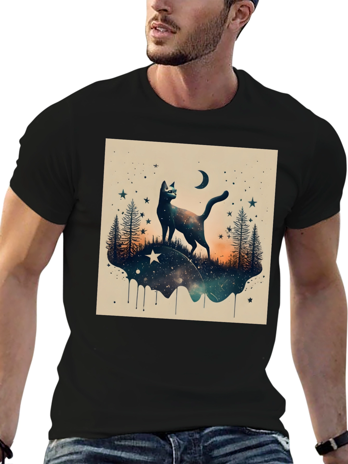 Cosmic Cat Graphic Tee - Black Cotton Blend
