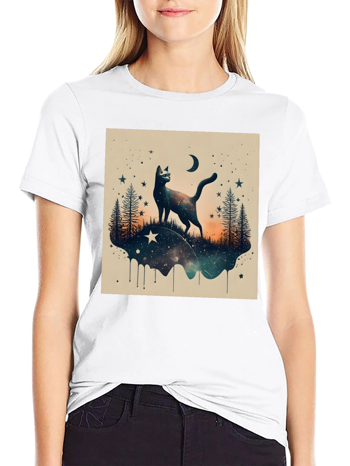 Cosmic Cat Graphic Tee - Black Cotton Blend