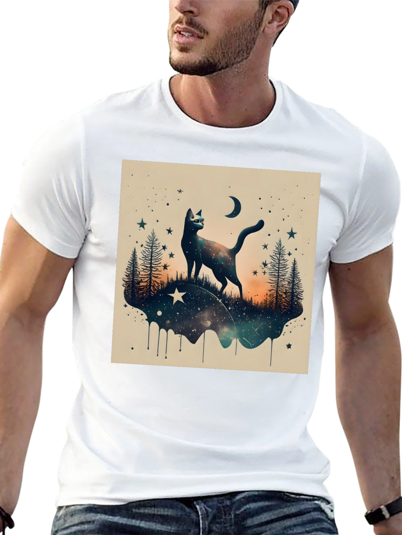 Cosmic Cat Graphic Tee - Black Cotton Blend