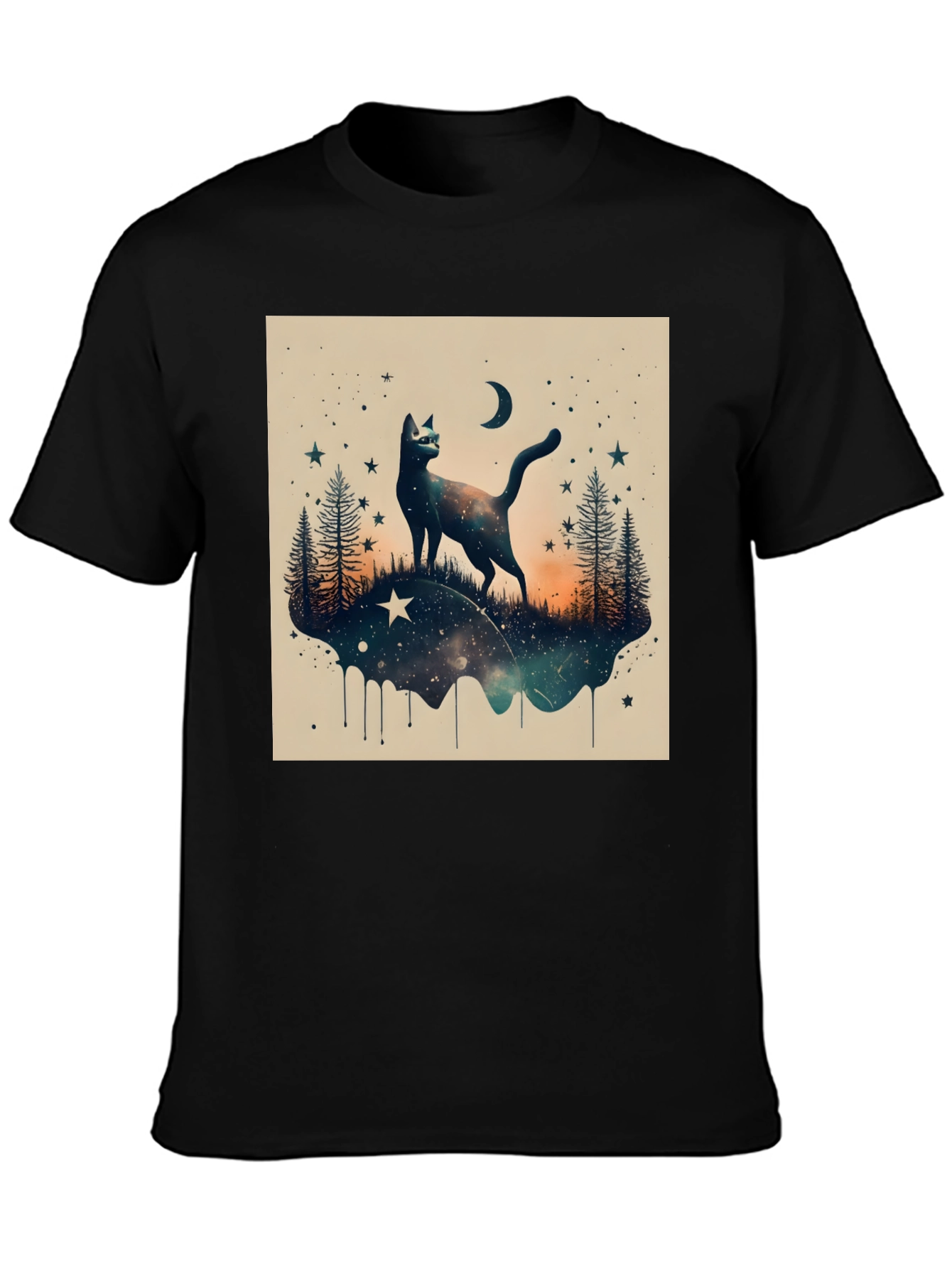 Cosmic Cat Graphic Tee - Black Cotton Blend