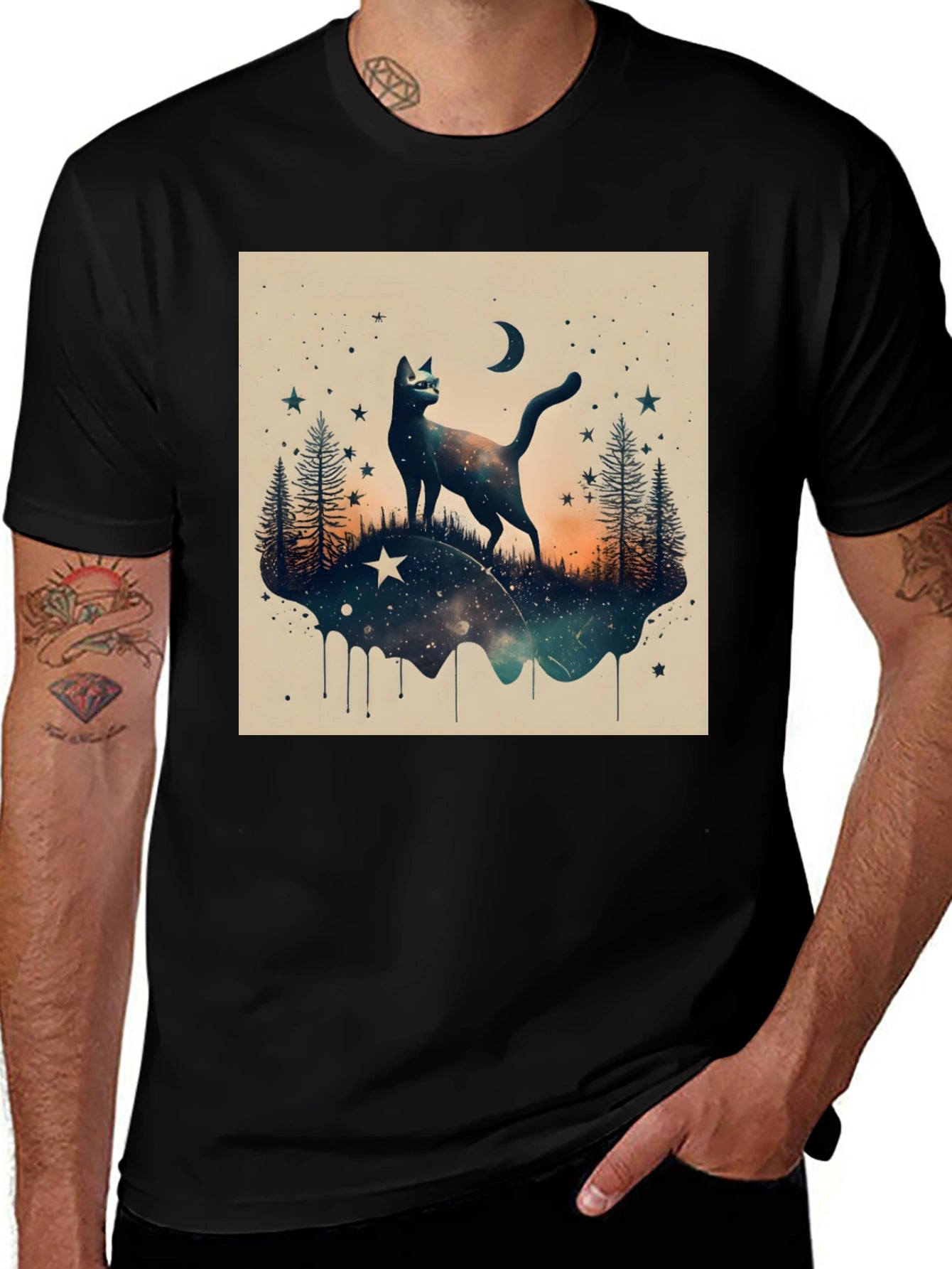 Cosmic Cat Graphic Tee - Black Cotton Blend