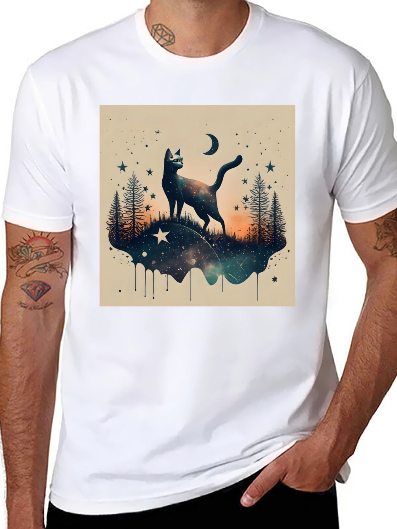 Cosmic Cat Graphic Tee - Black Cotton Blend
