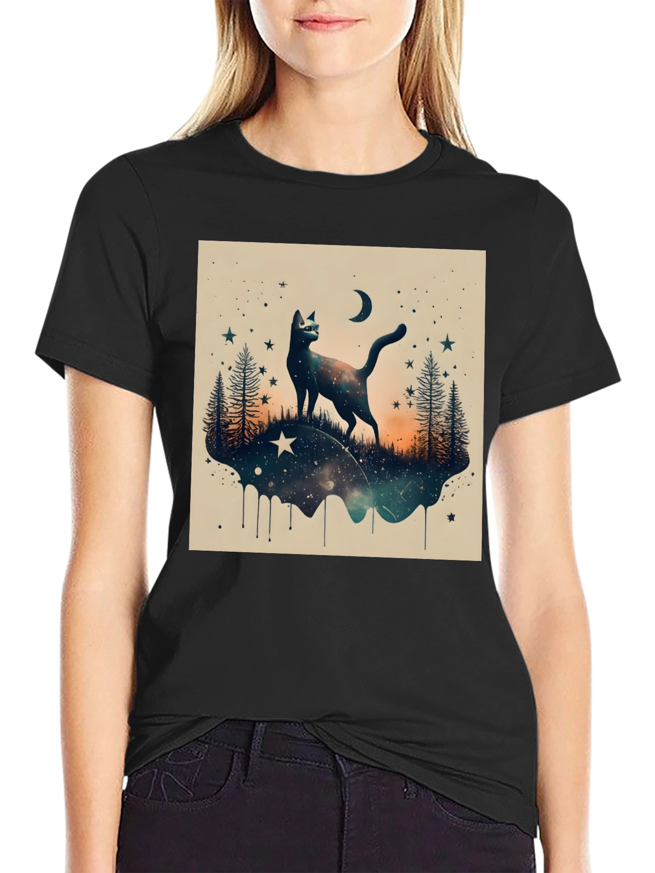 Cosmic Cat Graphic Tee - Black Cotton Blend